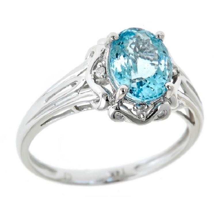 Art Deco Classic Oval-Cut Aquamarine with Round-Cut Diamond 14k White Gold Ring For Sale