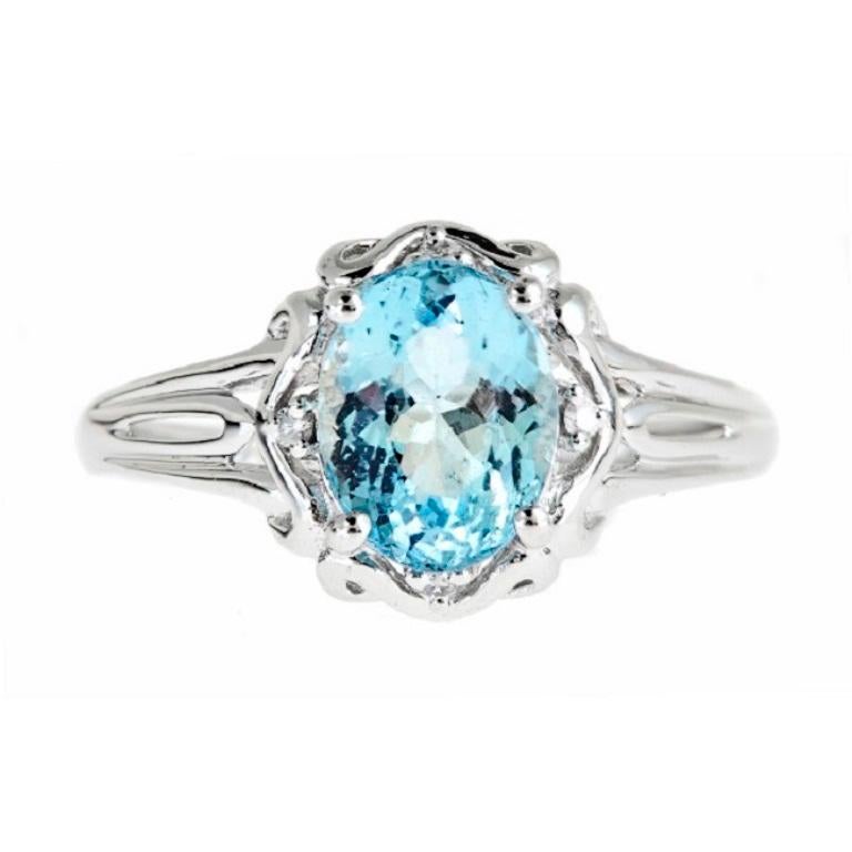 Oval Cut Classic Oval-Cut Aquamarine with Round-Cut Diamond 14k White Gold Ring For Sale