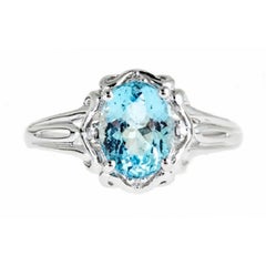 Vintage Classic Oval-Cut Aquamarine with Round-Cut Diamond 14k White Gold Ring