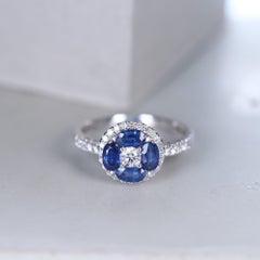 Classic Oval-Cut Blue Sapphire and Round Cut White Diamond 14K White Gold Ring