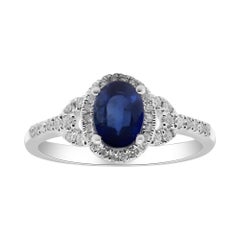 Classic Oval-Cut Blue Sapphire and Round-Cut White Diamond 14K White Gold Ring