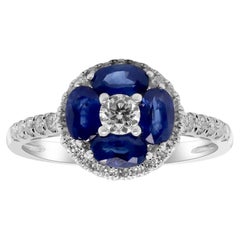 Classic Oval-Cut Blue Sapphire and Round Cut White Diamond 14K White Gold Ring