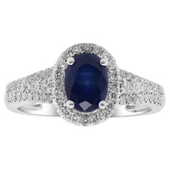 Classic Oval-Cut Blue Sapphire and Round Cut White Diamond 14K White Gold Ring