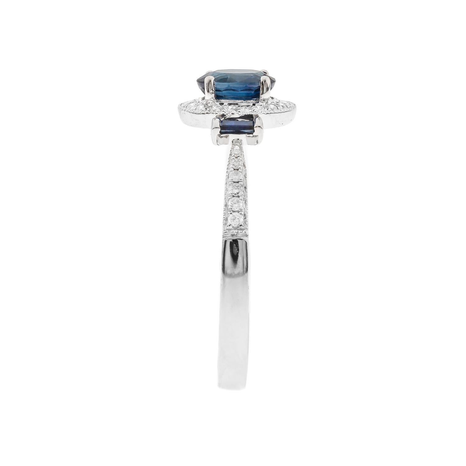 Art Deco Classic Oval-Cut Blue Sapphire with Round-Cut Diamond 10k White Gold Ring For Sale