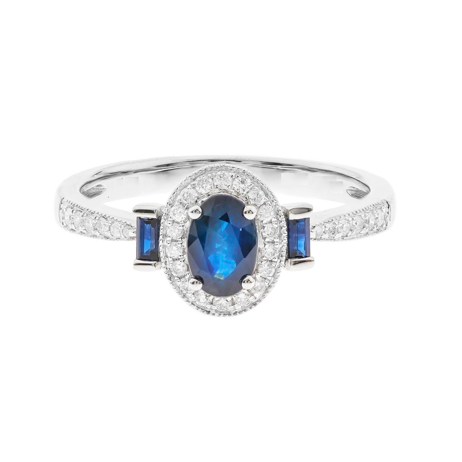 Oval Cut Classic Oval-Cut Blue Sapphire with Round-Cut Diamond 10k White Gold Ring For Sale