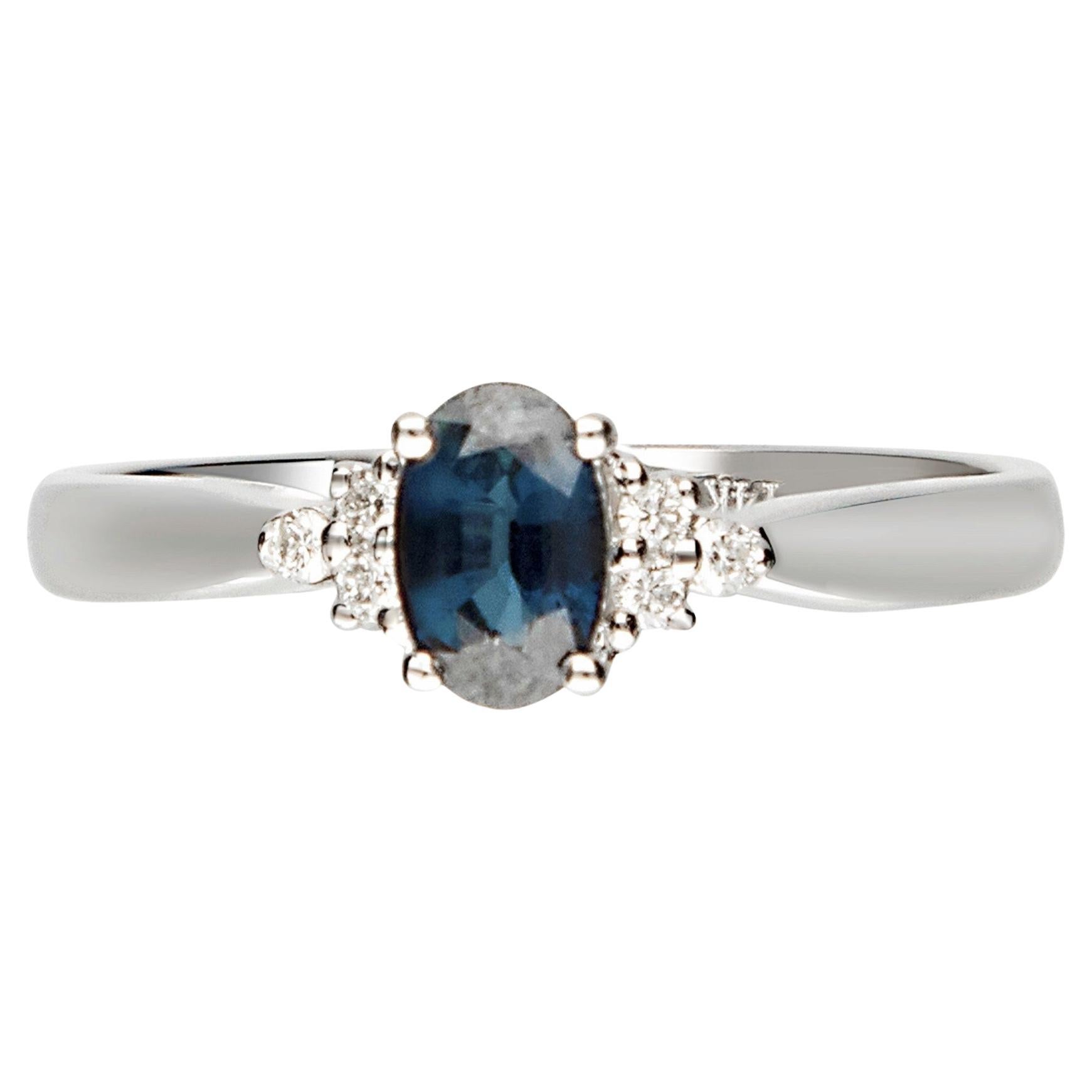 Classic Oval-Cut Blue Sapphire with Round-Cut Diamond 10k White Gold Ring For Sale