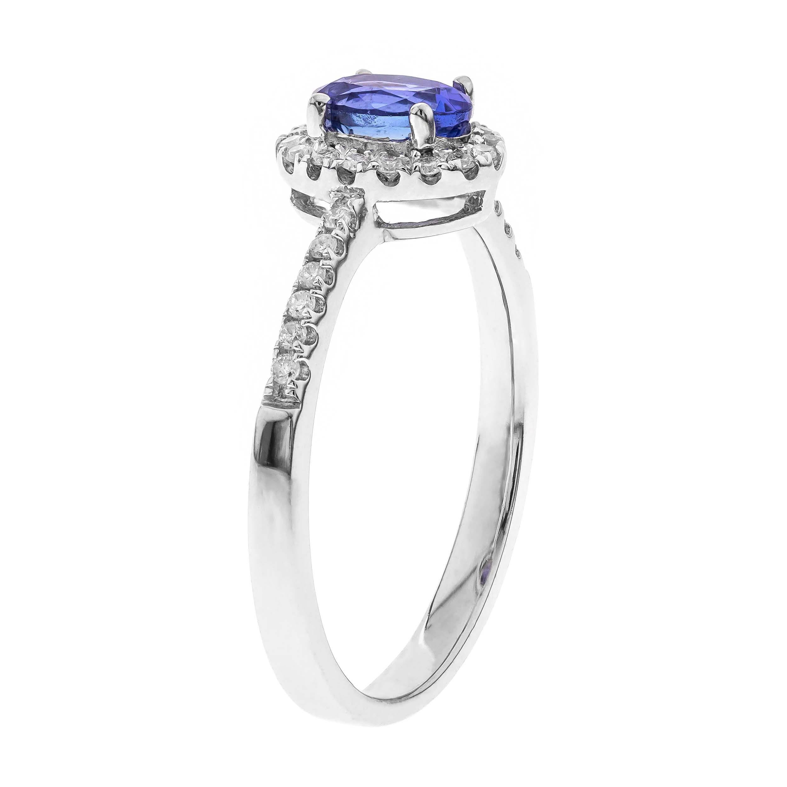 Oval Cut Classic Oval-Cut Blue Sapphire with Round-Cut Diamond 14k White Gold Ring For Sale