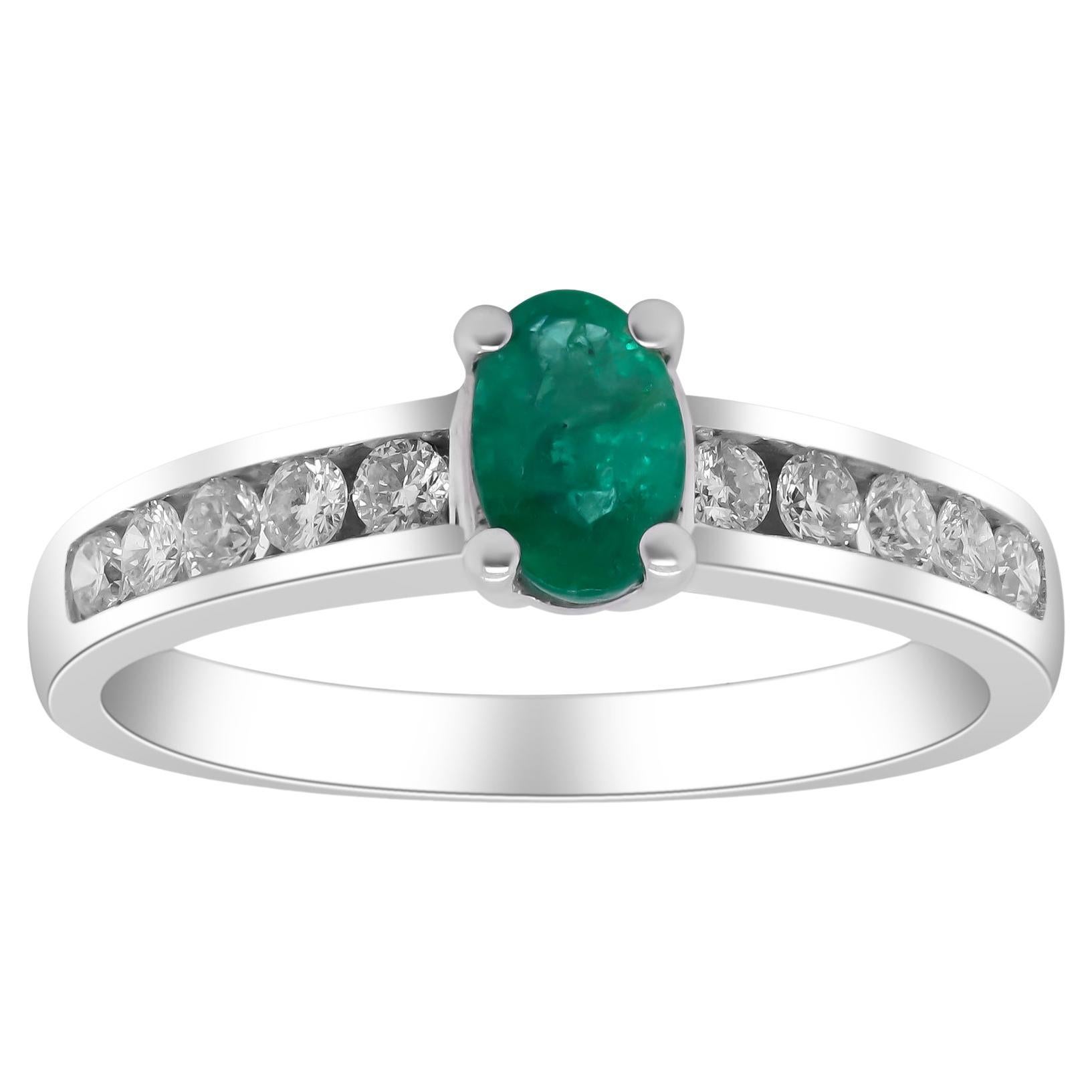Classic Oval Cut Emerald and Round Cut White Diamond 14K White Gold Ring For Sale