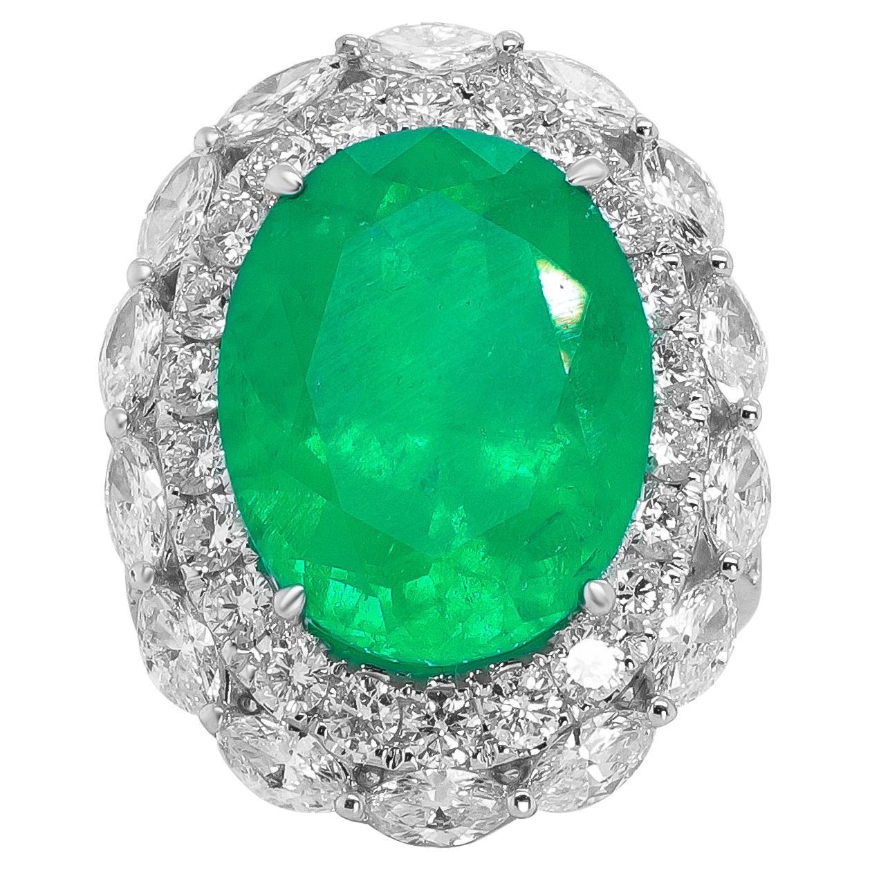 Classic Oval-Cut Emerald with Marquise & Round White Diamond 18k White Gold Ring