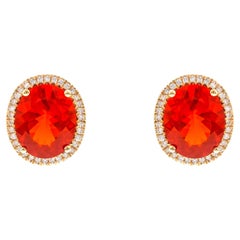 Classic Oval-Cut Fire Opal with Round Diamond Accents 14k Yellow Gold Earring
