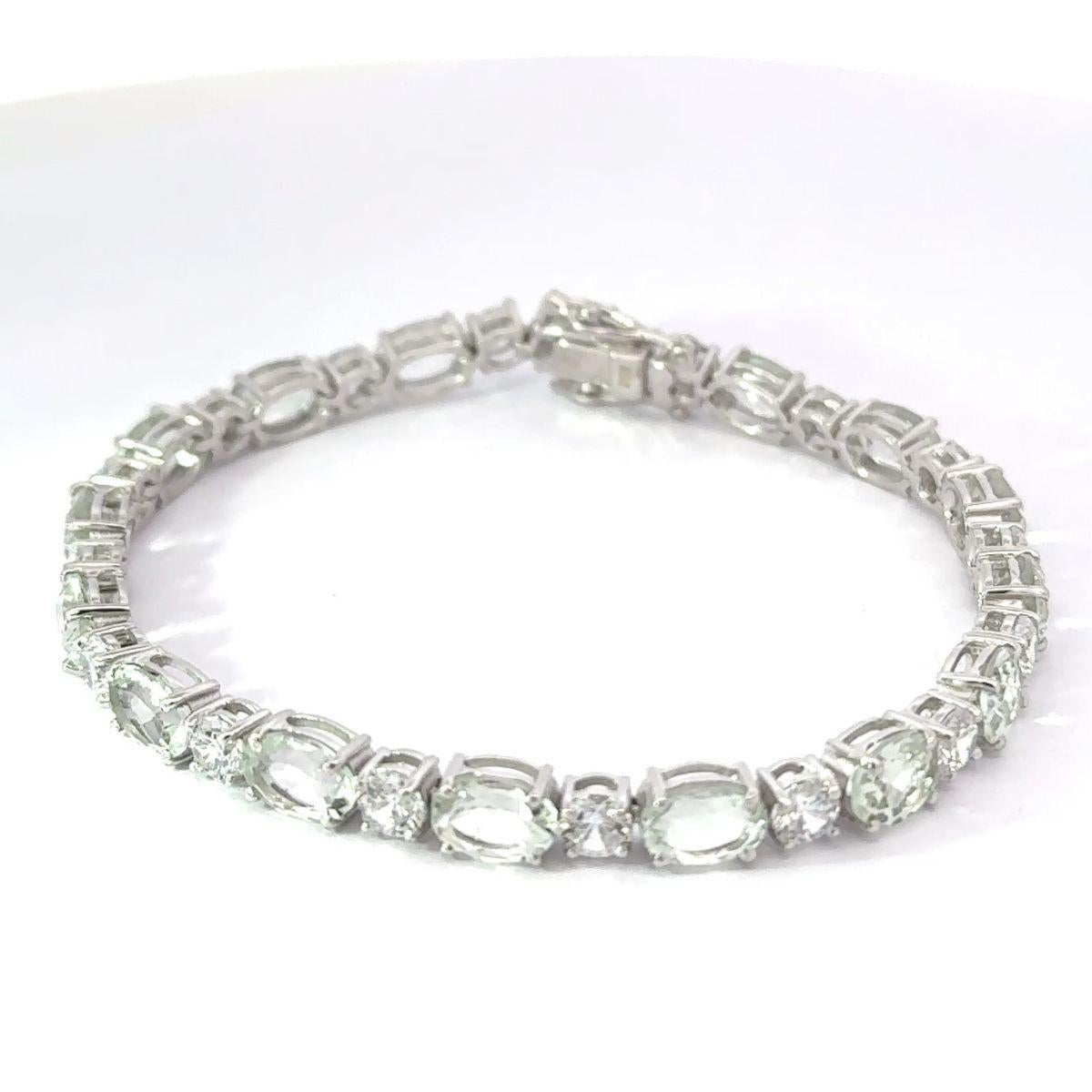 Women's Classic Oval Cut Green Amethyst and Zircon Silver Tennis Bracelet Gift for Wife For Sale
