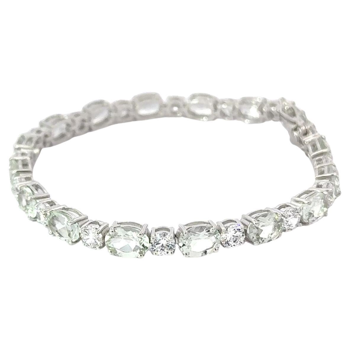 Classic Oval Cut Green Amethyst and Zircon Silver Tennis Bracelet Gift for Wife For Sale