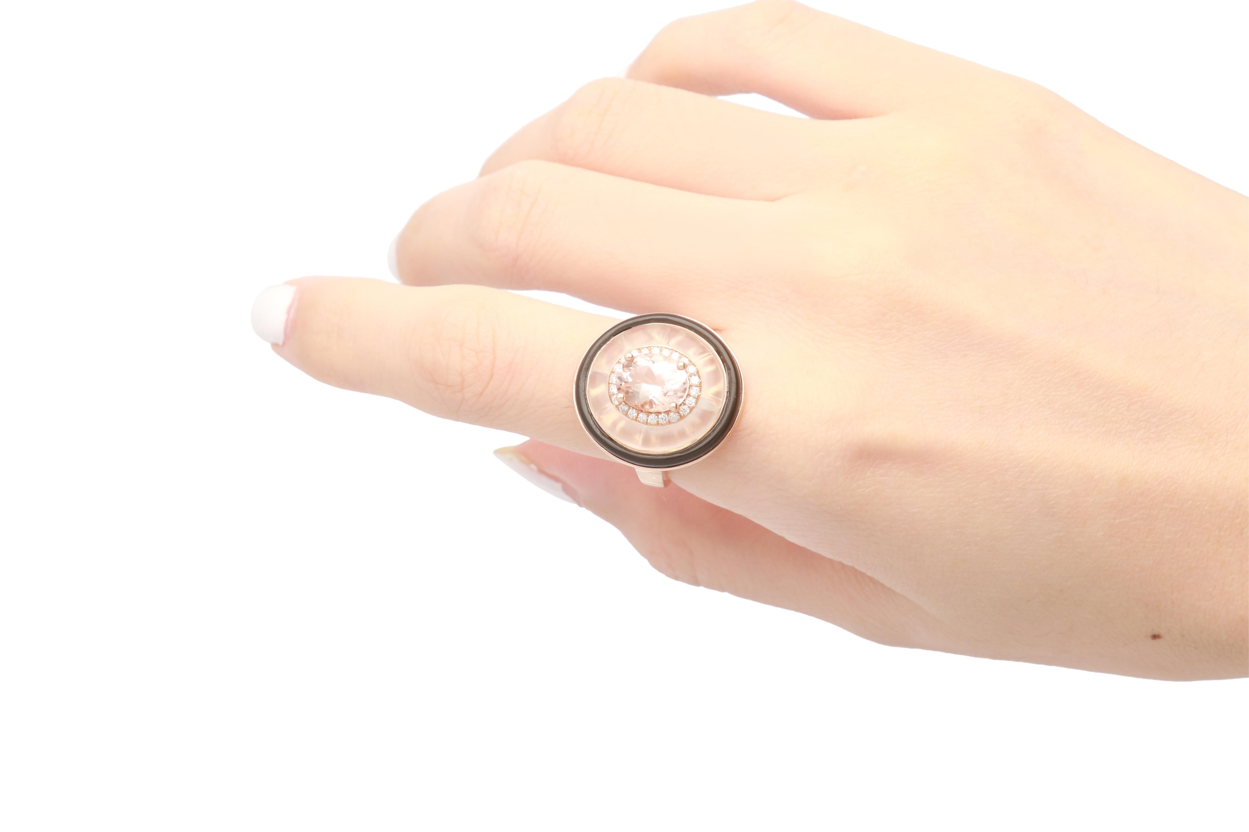 Stunning, timeless and classy eternity Unique Ring. Decorate yourself in luxury with this Gin & Grace Ring. The 14K Rose Gold jewelry boasts with Oval-cut 1 pcs 1.74 carat Morganite, 1 pcs Fancy Cut 2.28 carat, 1 pcs Onyx 1.18 carat and Natural