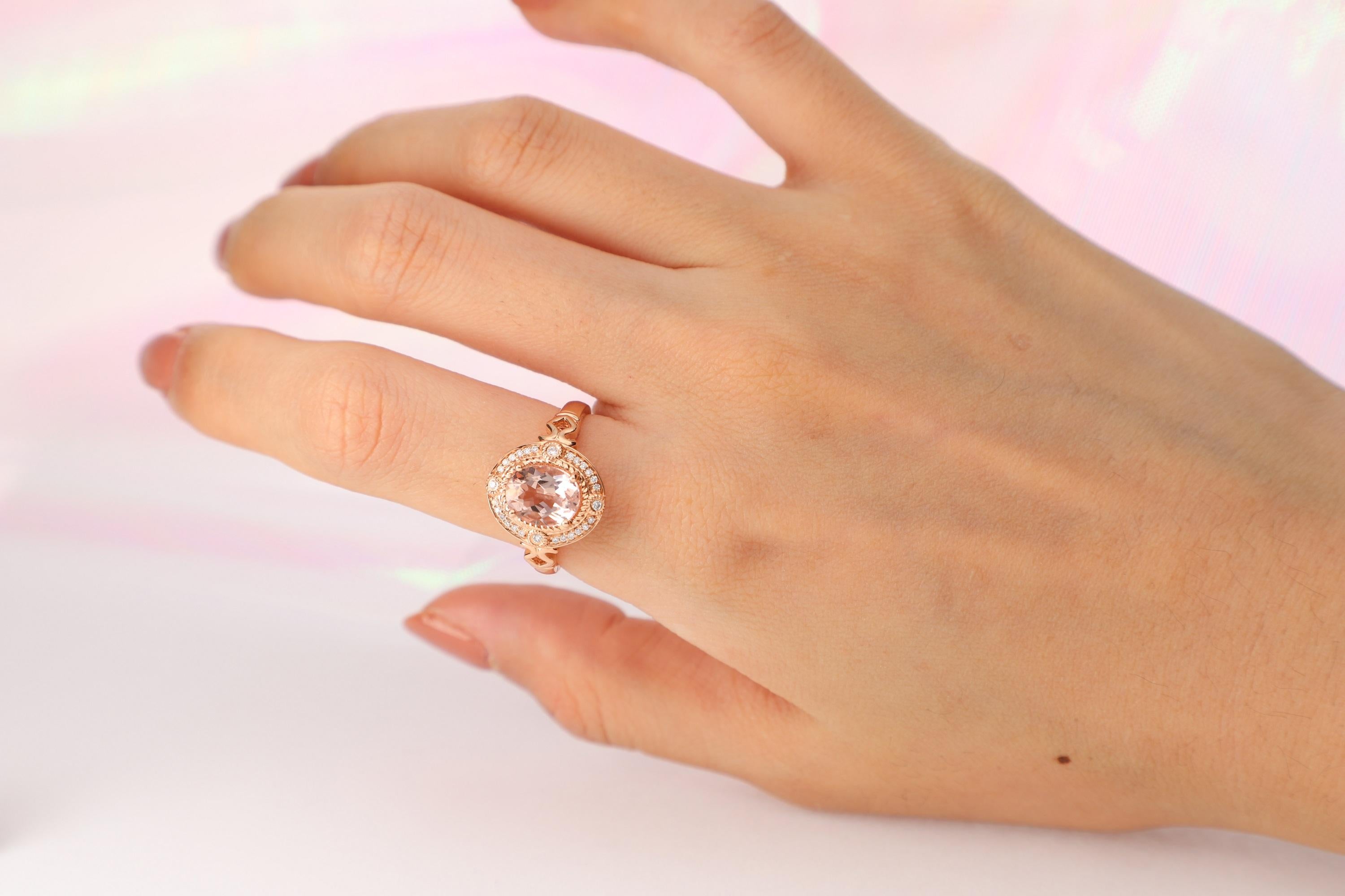 Stunning, timeless and classy eternity Unique Ring. Decorate yourself in luxury with this Gin & Grace Ring. The 14K Rose Gold jewelry boasts with Oval-cut 1 pcs 1.75 carat Morganite and Natural Round-cut white Diamond (28 Pcs) 0.11 Carat accent