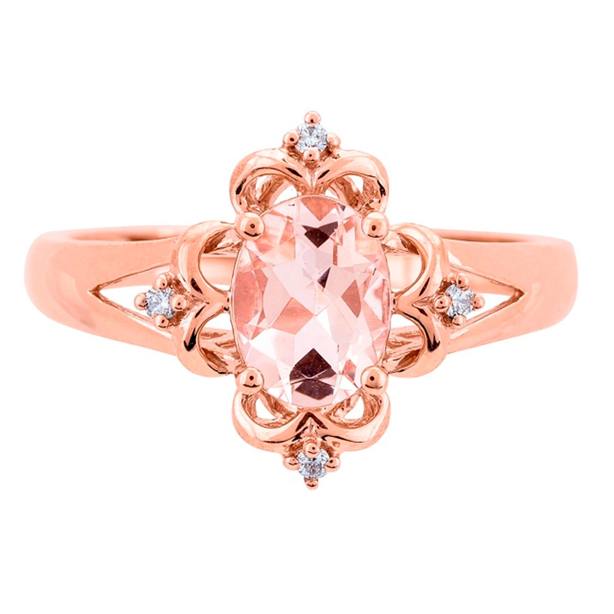 Oval Cut Classic Oval-Cut Morganite with Round-Cut Diamond 14k Rose Gold Ring For Sale