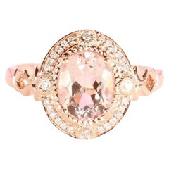 Bague classique en or rose 14 carats avec morganite de taille ovale et diamants de taille ronde