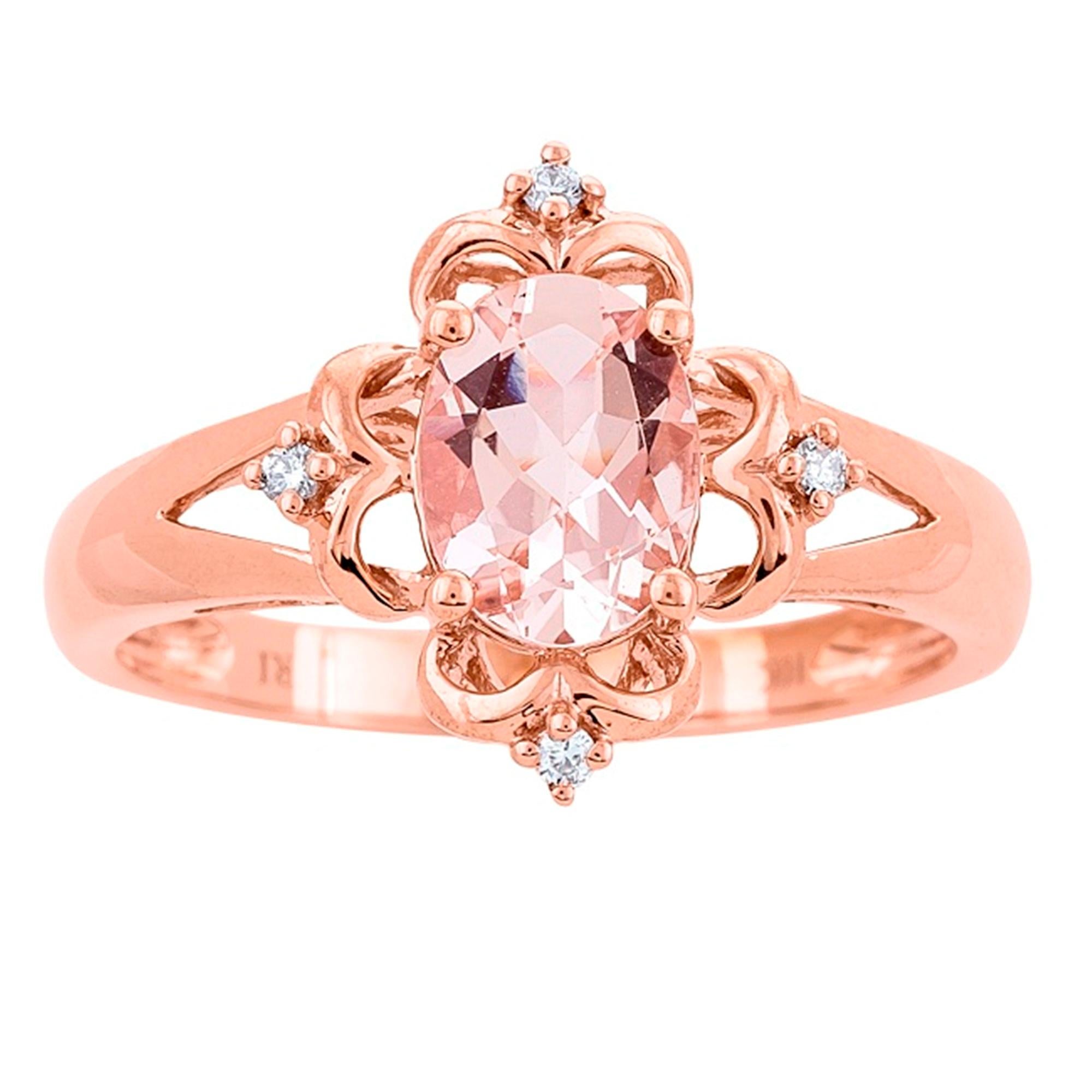 Bague classique en or rose 14 carats avec morganite de taille ovale et diamants de taille ronde