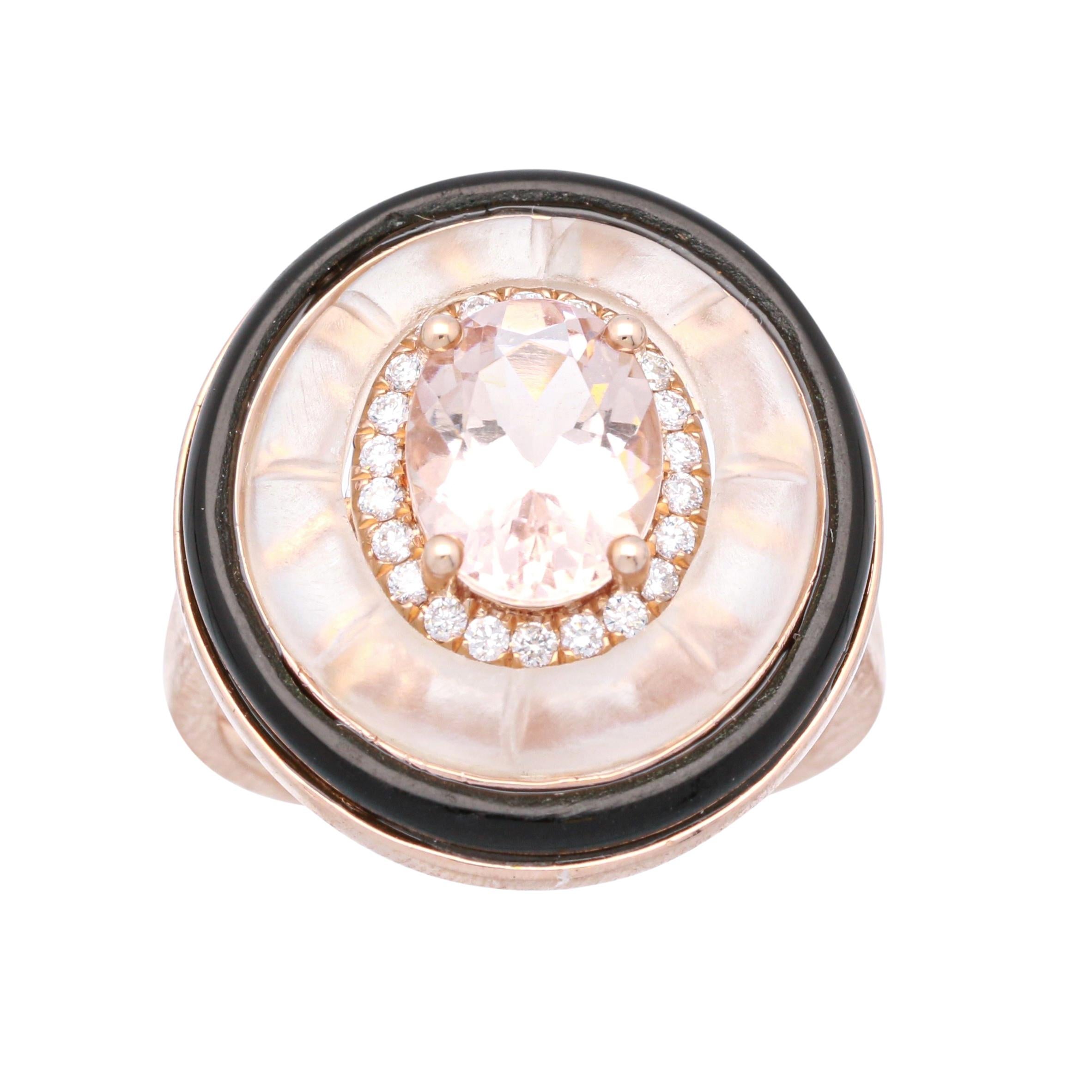 Classic Oval-Cut Morganite with Round-Cut Diamond 14k Rose Gold Ring For Sale