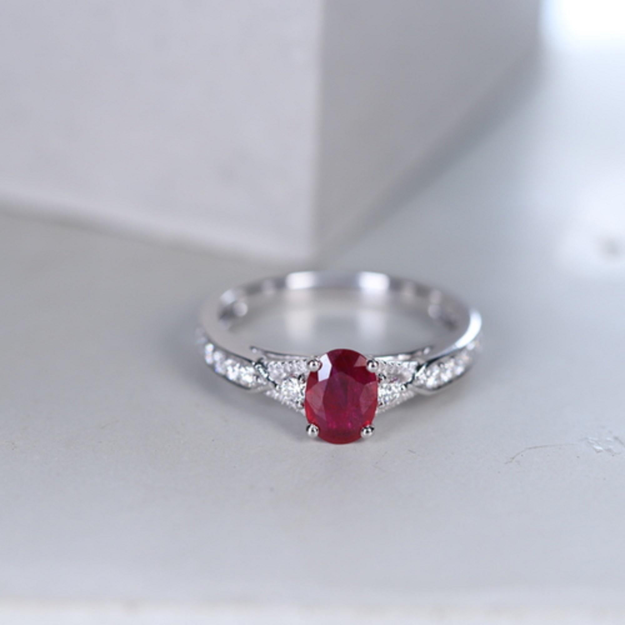 Art Deco Classic Oval Cut Ruby and Round Cut White Diamond 14K White Gold Ring For Sale