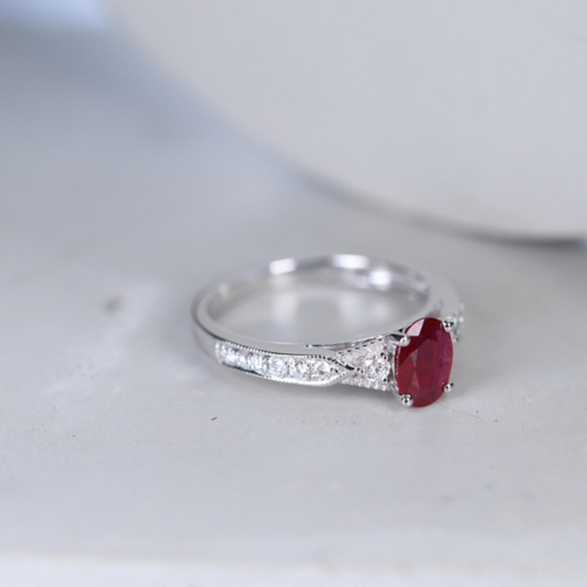 Classic Oval Cut Ruby and Round Cut White Diamond 14K White Gold Ring For Sale 1