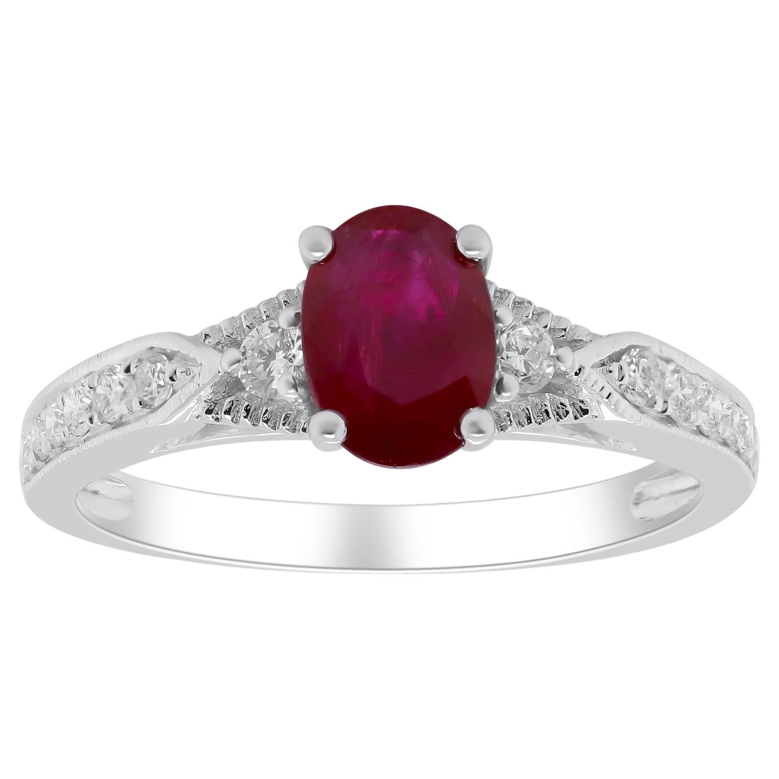 Classic Oval Cut Ruby and Round Cut White Diamond 14K White Gold Ring For Sale