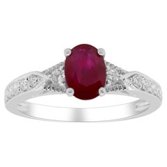 Vintage Classic Oval Cut Ruby and Round Cut White Diamond 14K White Gold Ring