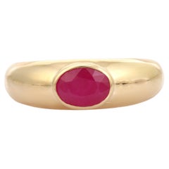 Classic Oval Cut Ruby Signet Ring in Bezel Setting 14k Yellow Gold Fine Jewelry
