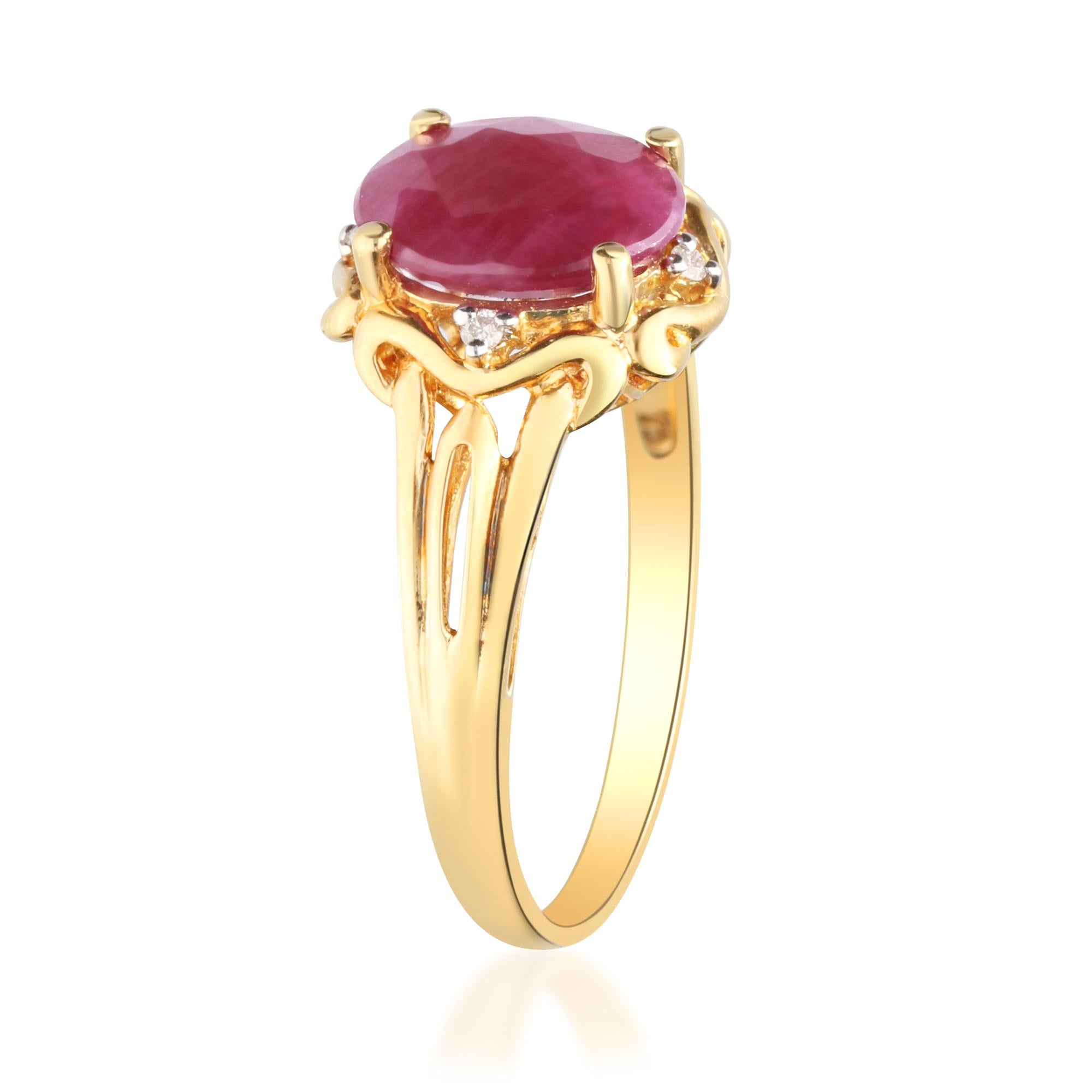 Art Deco Classic Oval-Cut Ruby with Round-Cut Diamond 10k Yellow Gold Ring For Sale