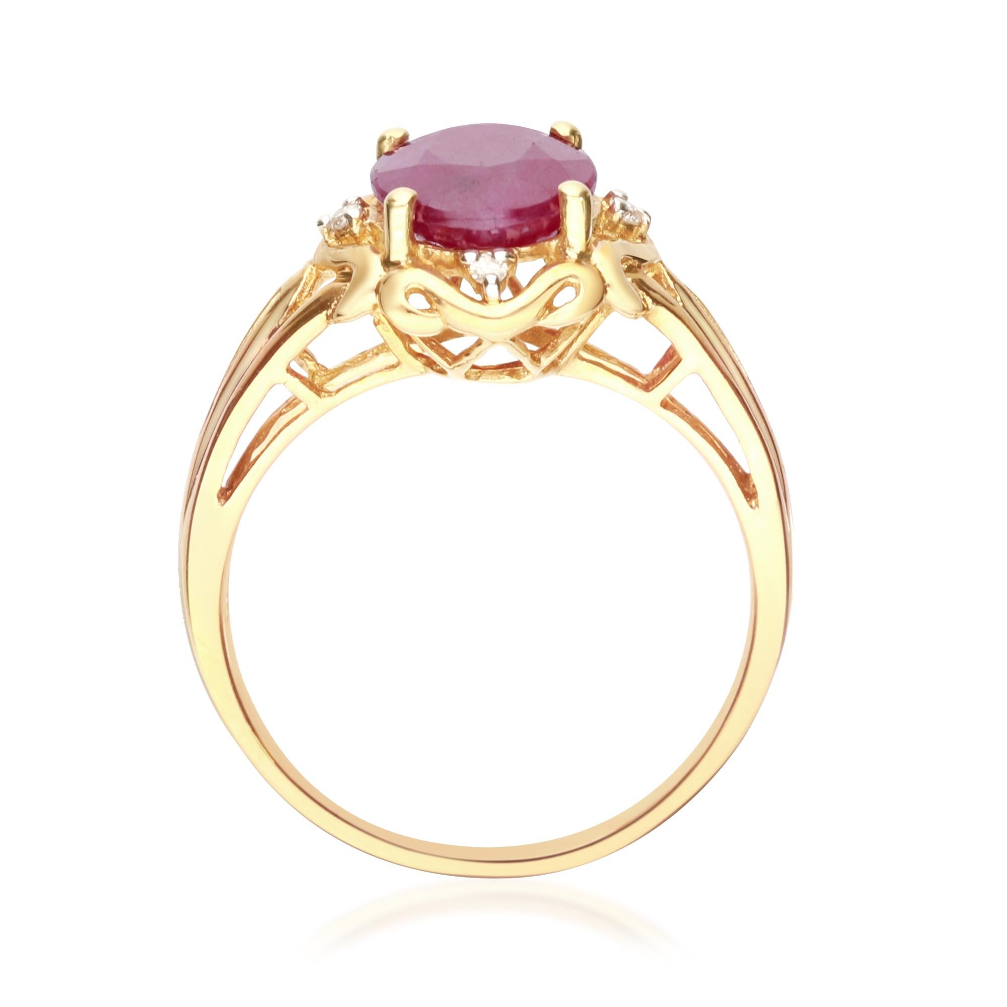 Oval Cut Classic Oval-Cut Ruby with Round-Cut Diamond 10k Yellow Gold Ring For Sale