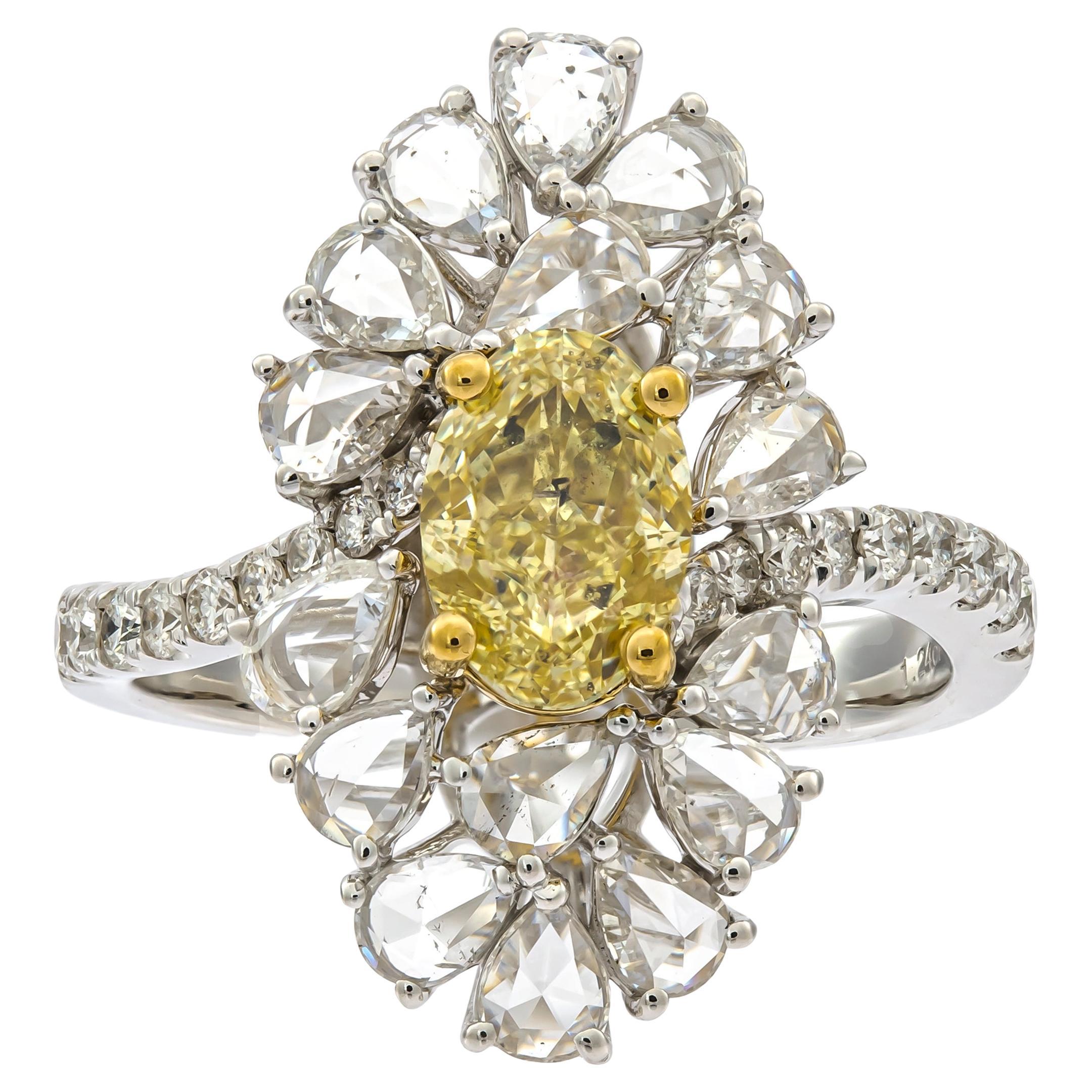 Classic Oval-Cut Yellow Diamond with Rose-Cut White Diamond 18k TT Gold Ring