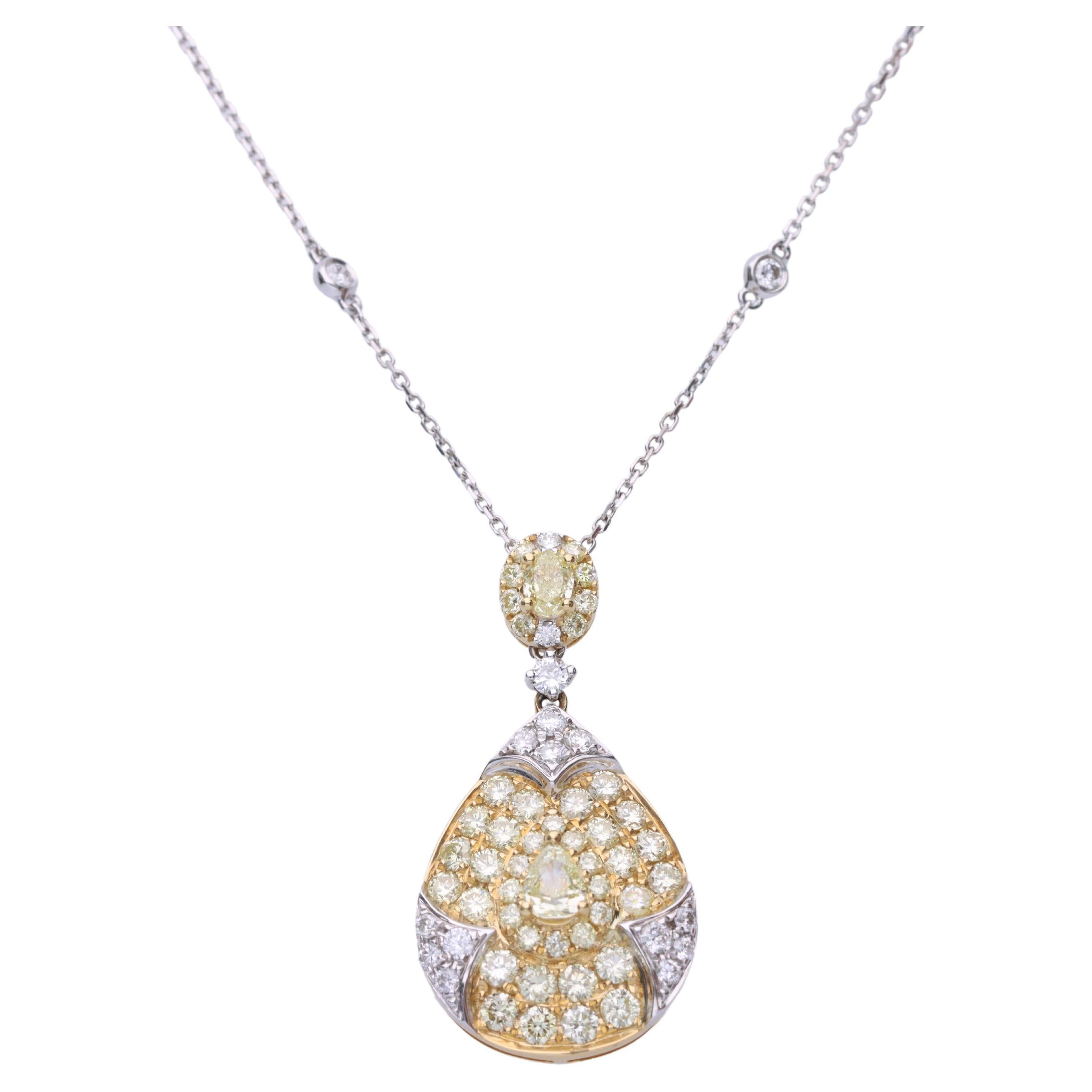 Classic Oval, Pear-Cut Yellow Diamond with White Diamond 18K TT Gold Pendant For Sale