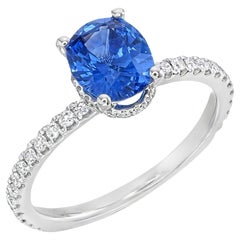 Anello solitario con zaffiro srilankese ovale classico e diamanti in oro bianco 18 carati