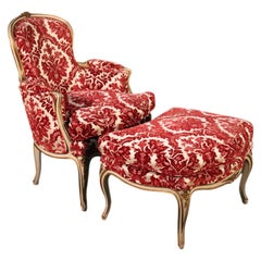 Classic Painted Arch Back French Louis XV Bergere Chair with Ottoman, Circa 1950