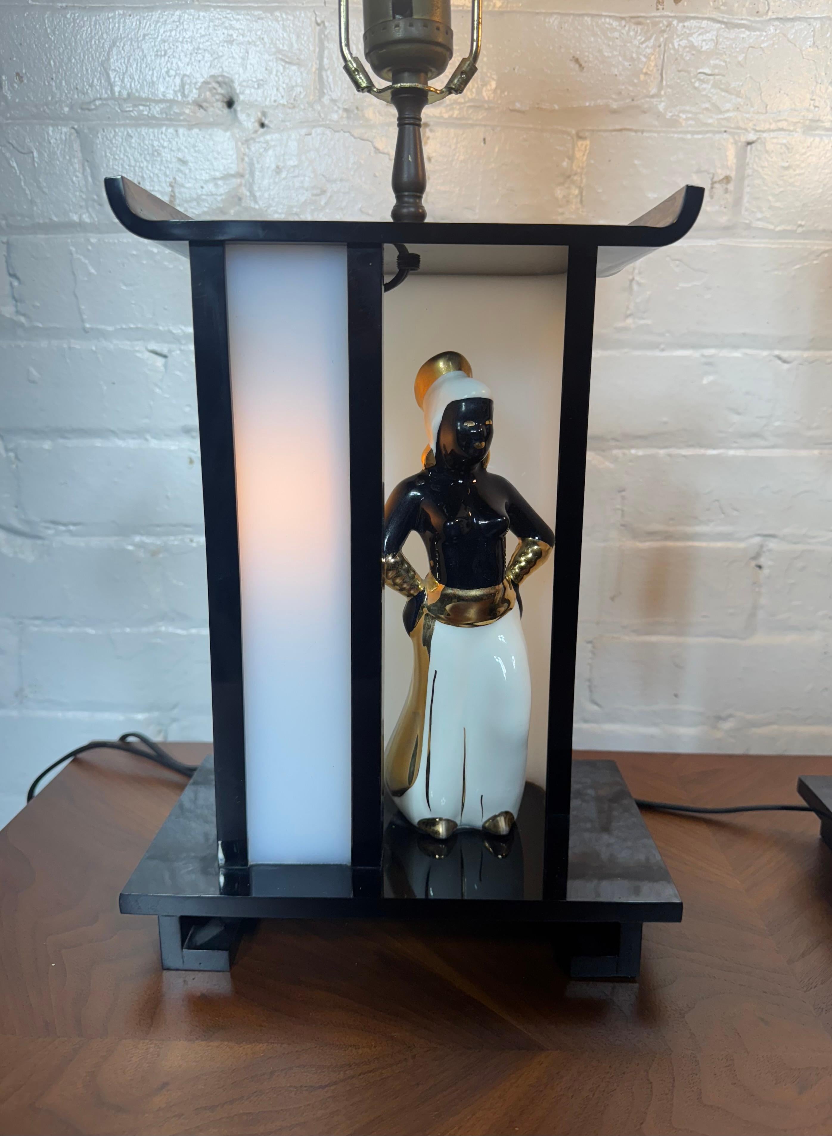 Céramique Paire de lampes MOSS classiques des années 1950, figures Blackamoor noir / or en vente
