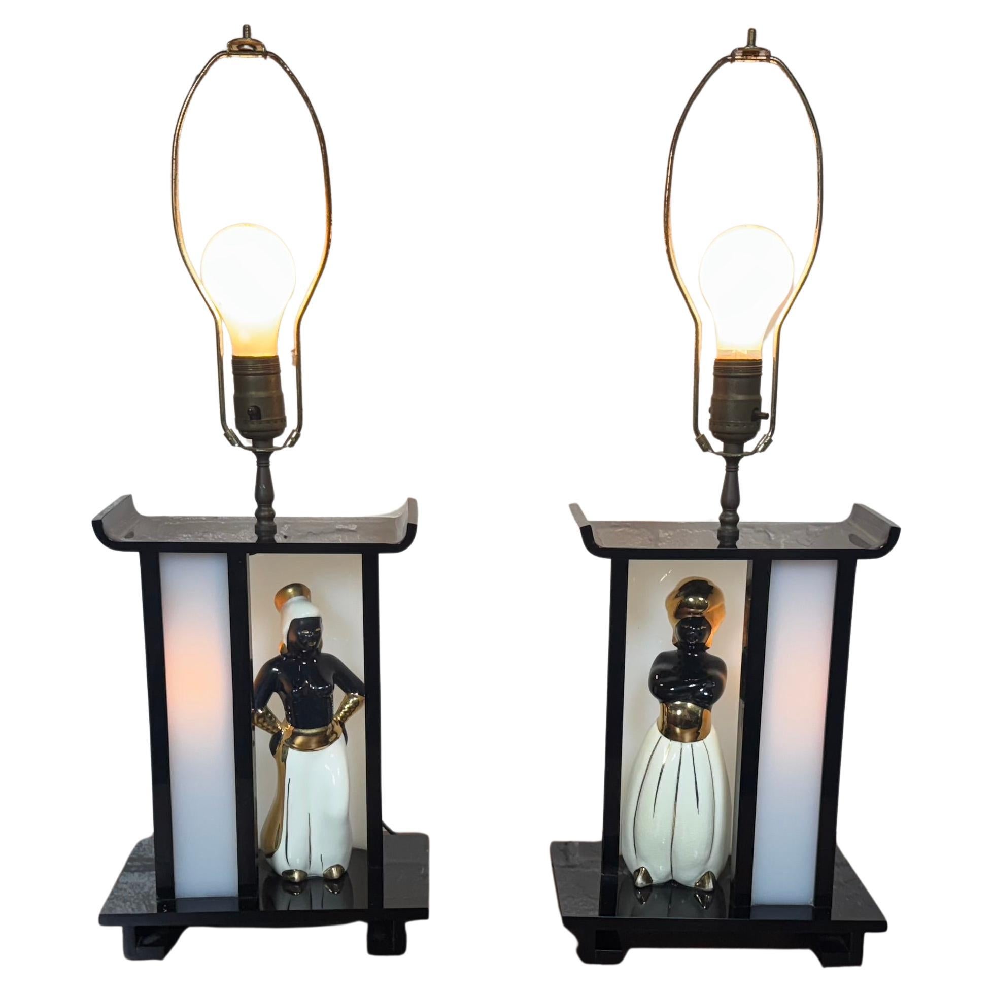 Paire de lampes MOSS classiques des années 1950, figures Blackamoor noir / or en vente