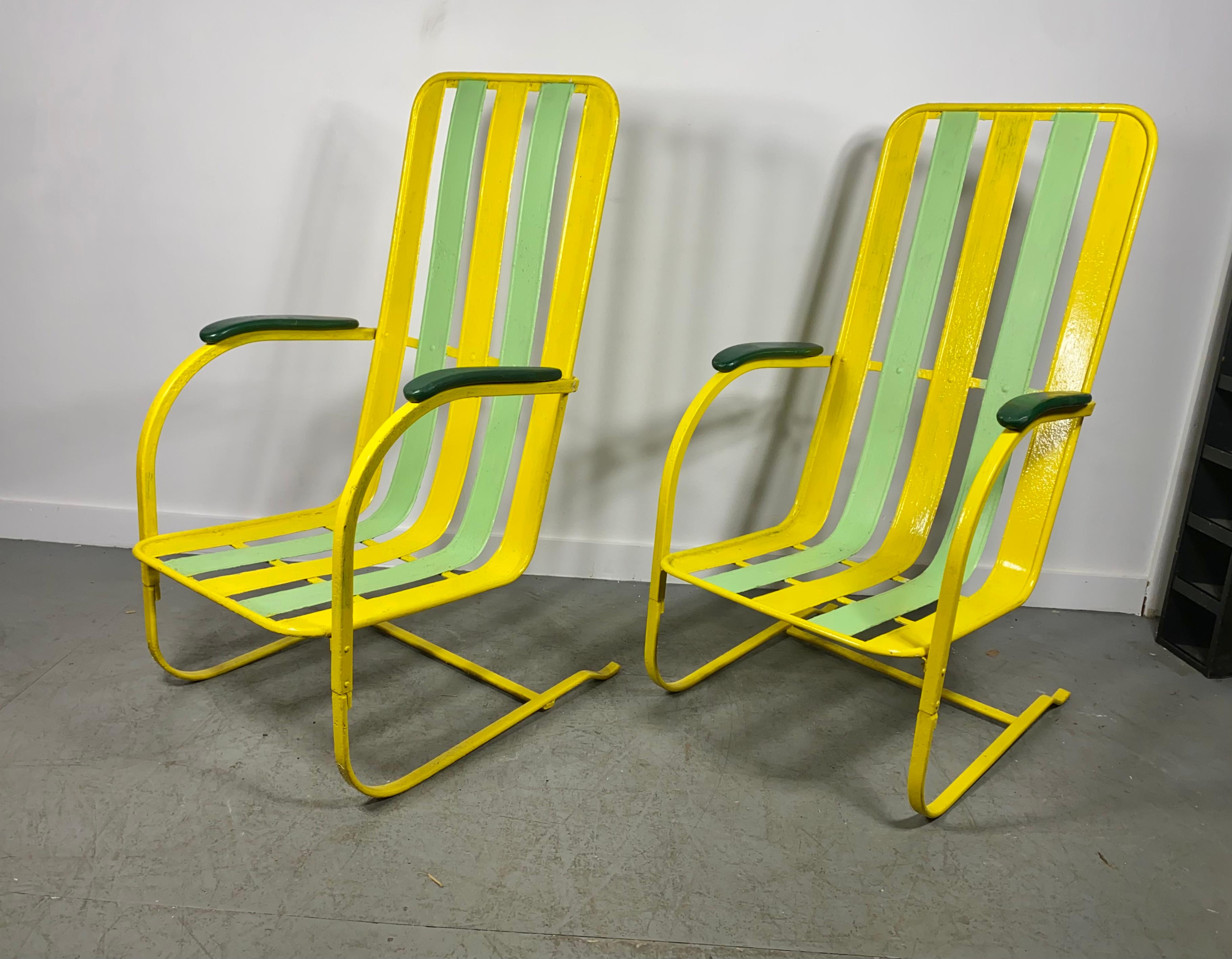 American Classic Pair Art Deco High Back Slatted Spring Steel Lounge Chairs For Sale