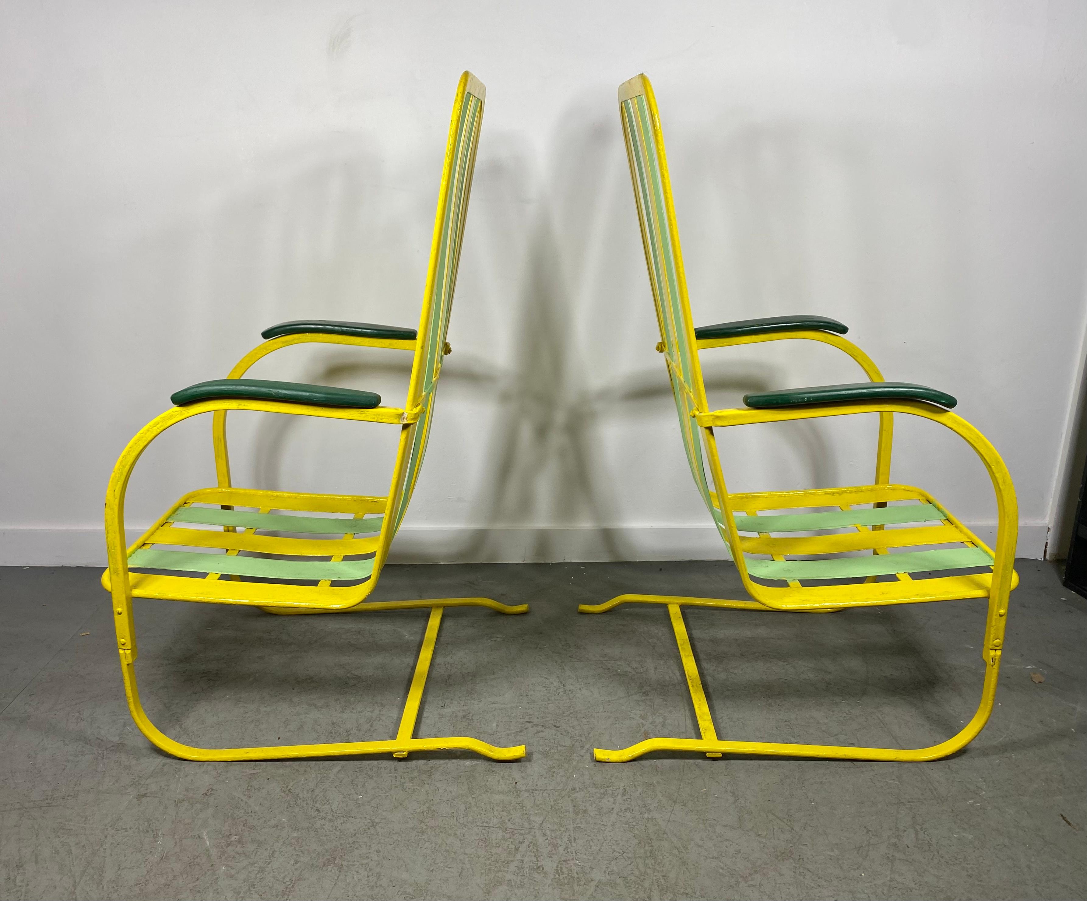 Painted Classic Pair Art Deco High Back Slatted Spring Steel Lounge Chairs For Sale