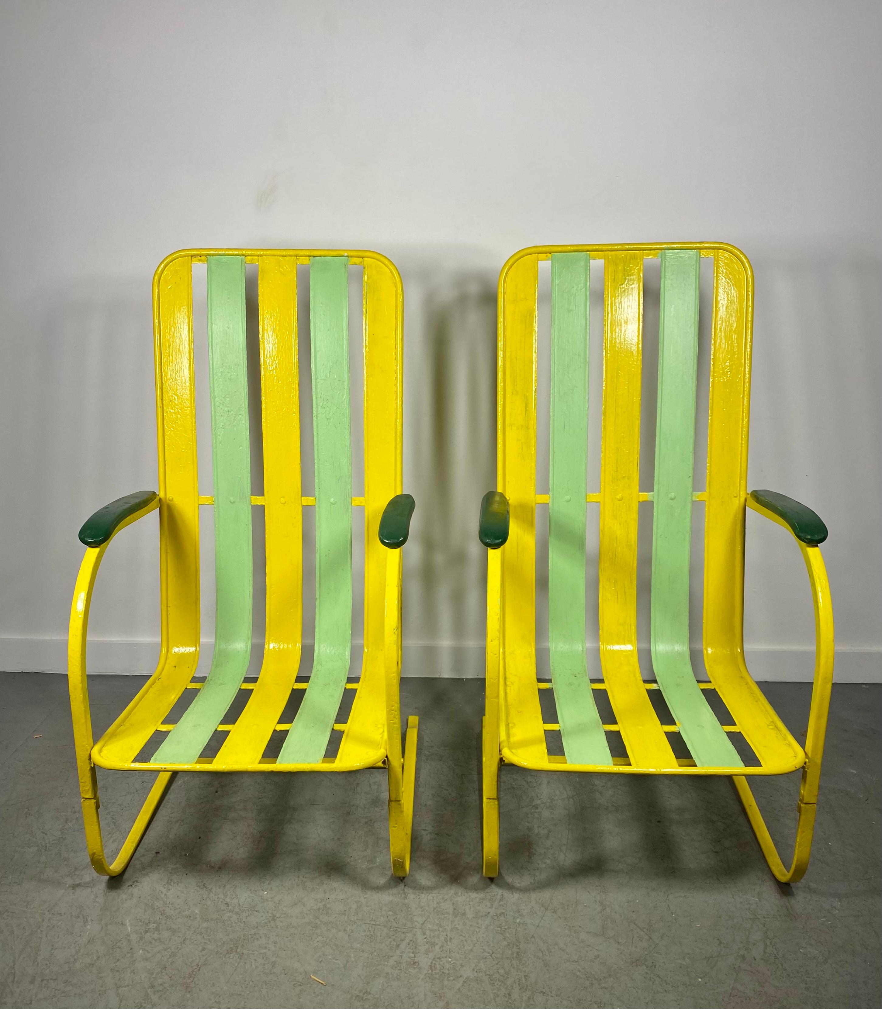 Classic Pair Art Deco High Back Slatted Spring Steel Lounge Chairs In Good Condition For Sale In Buffalo, NY