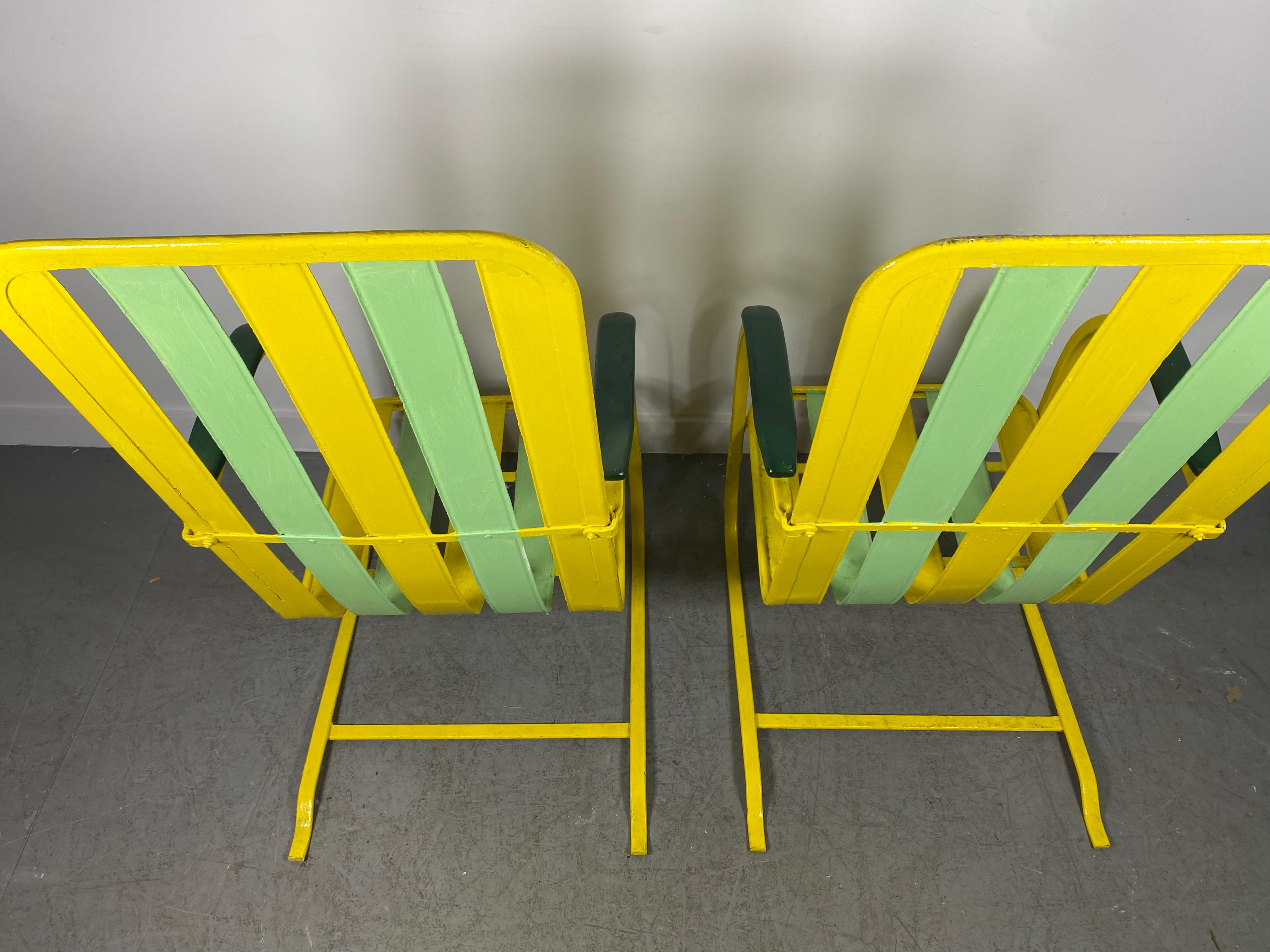 Mid-20th Century Classic Pair Art Deco High Back Slatted Spring Steel Lounge Chairs For Sale