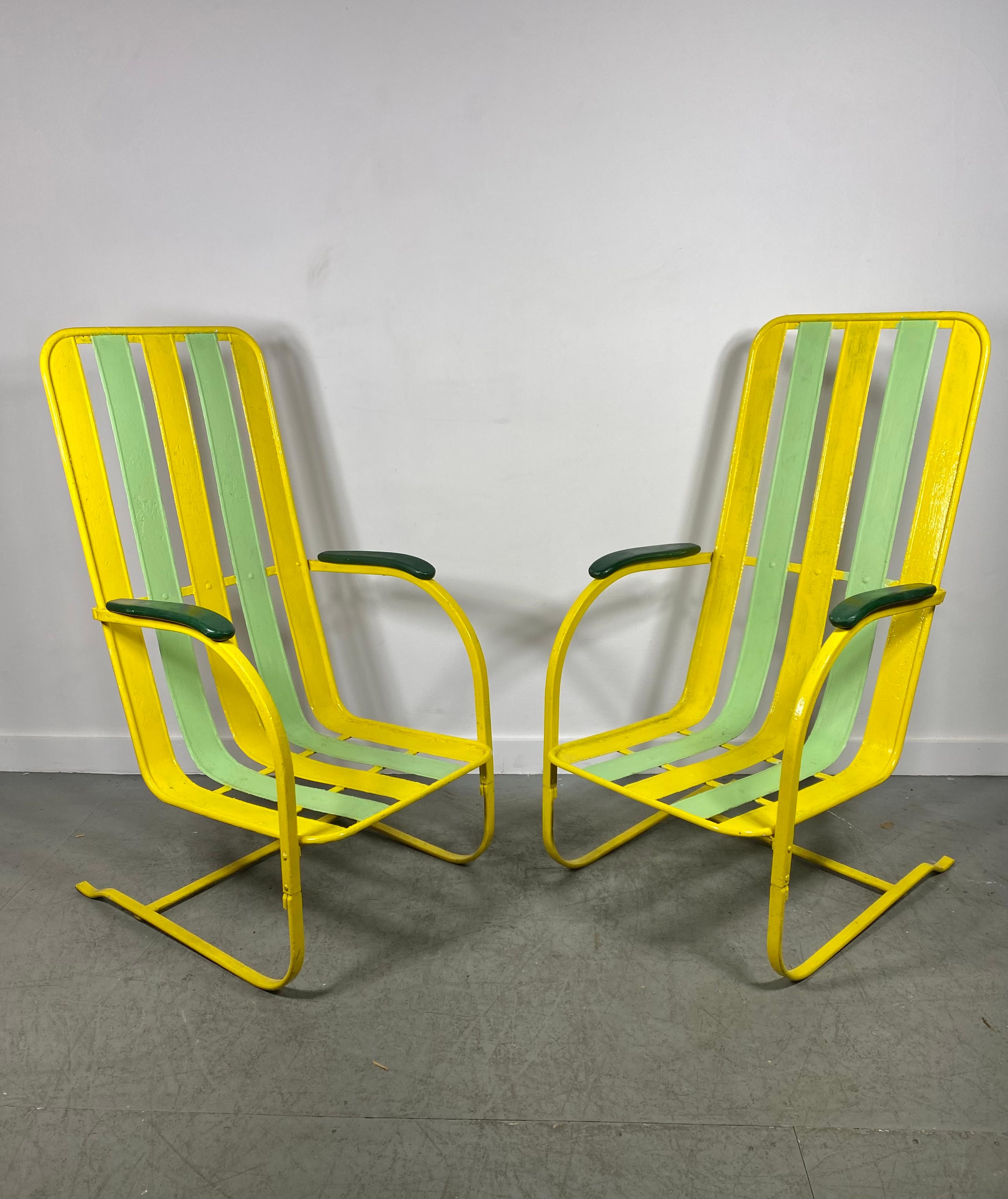 Classic Pair Art Deco High Back Slatted Spring Steel Lounge Chairs For Sale 1