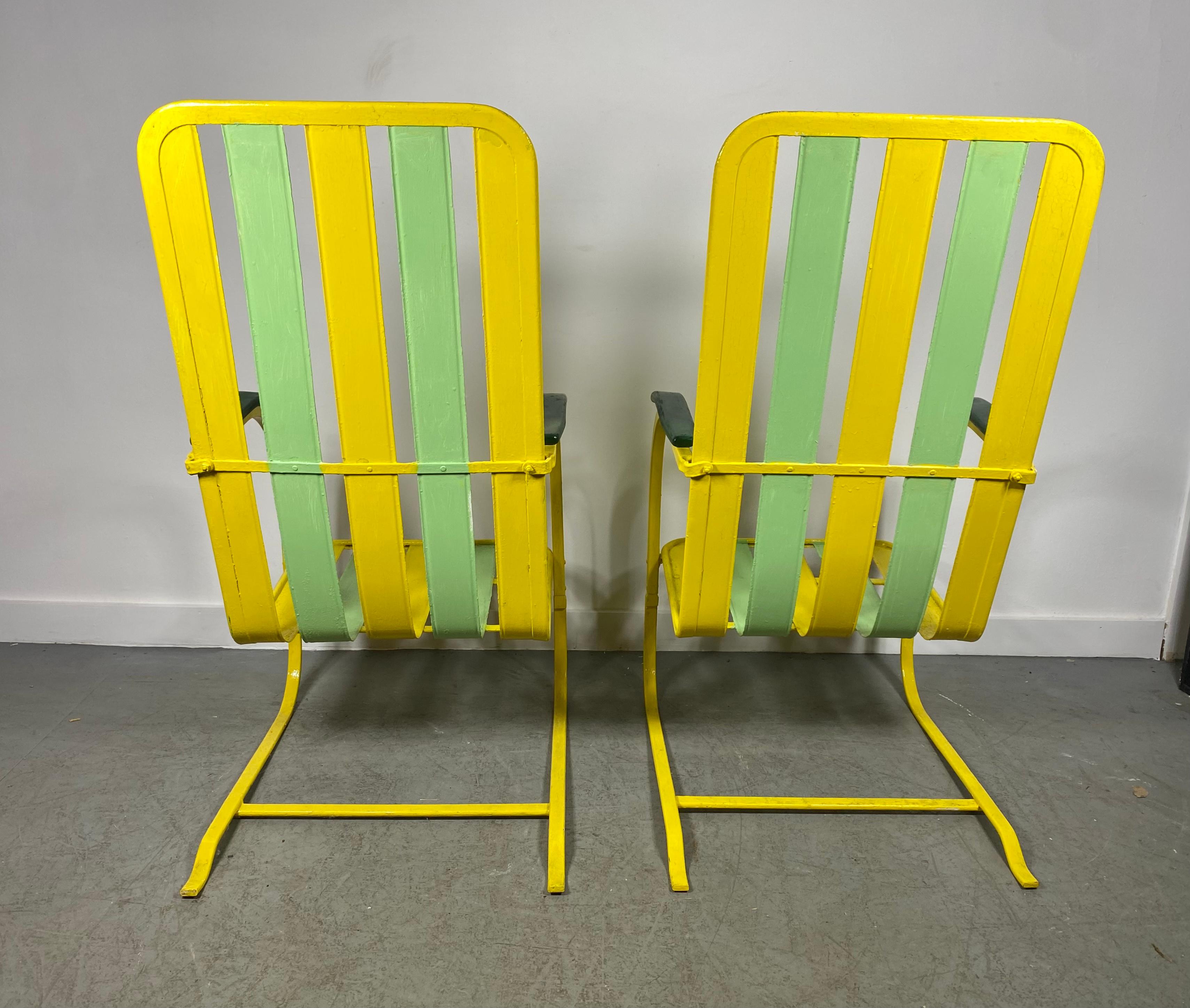 Classic Pair Art Deco High Back Slatted Spring Steel Lounge Chairs For Sale 2