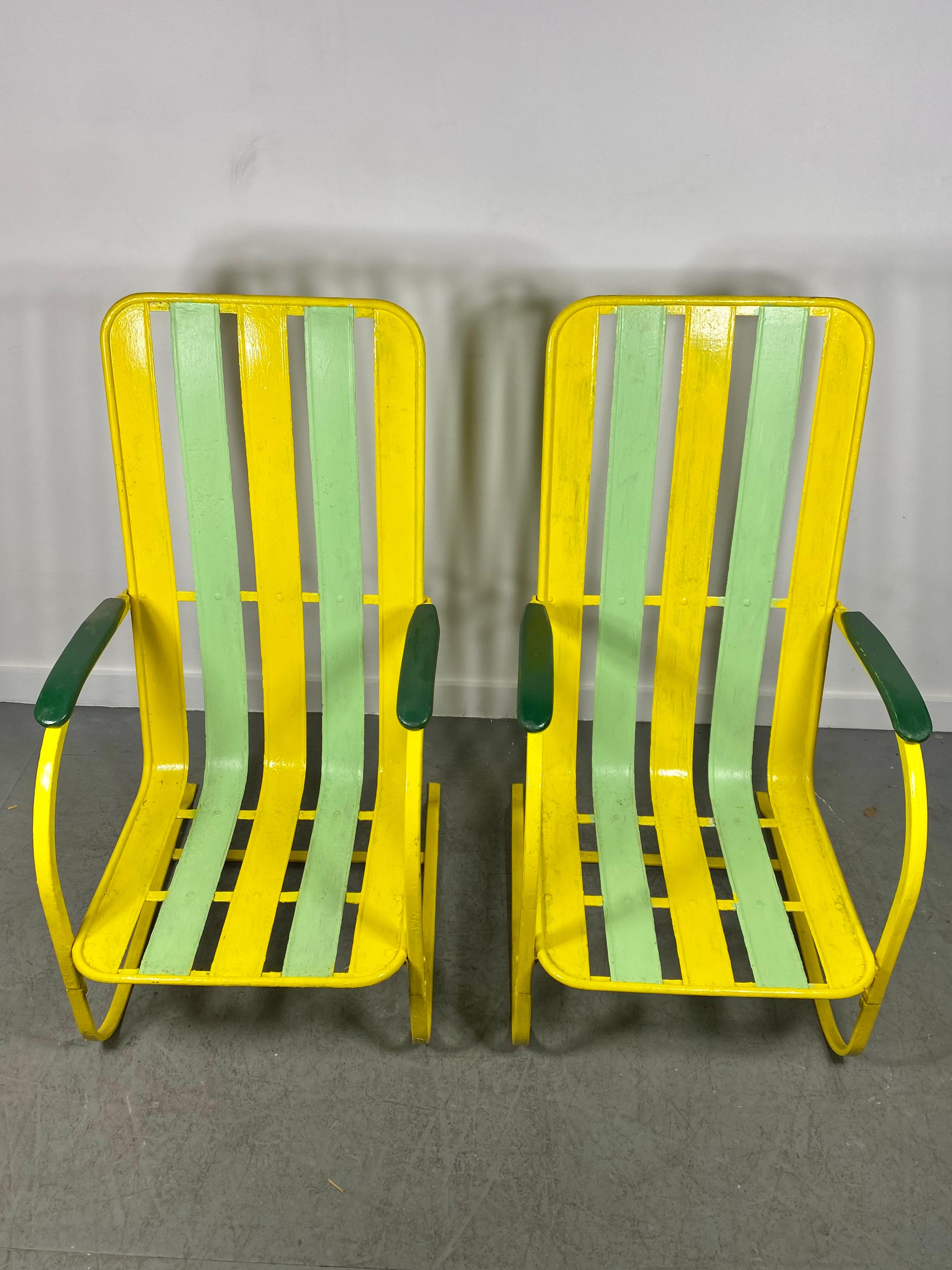 Classic Pair Art Deco High Back Slatted Spring Steel Lounge Chairs For Sale 3