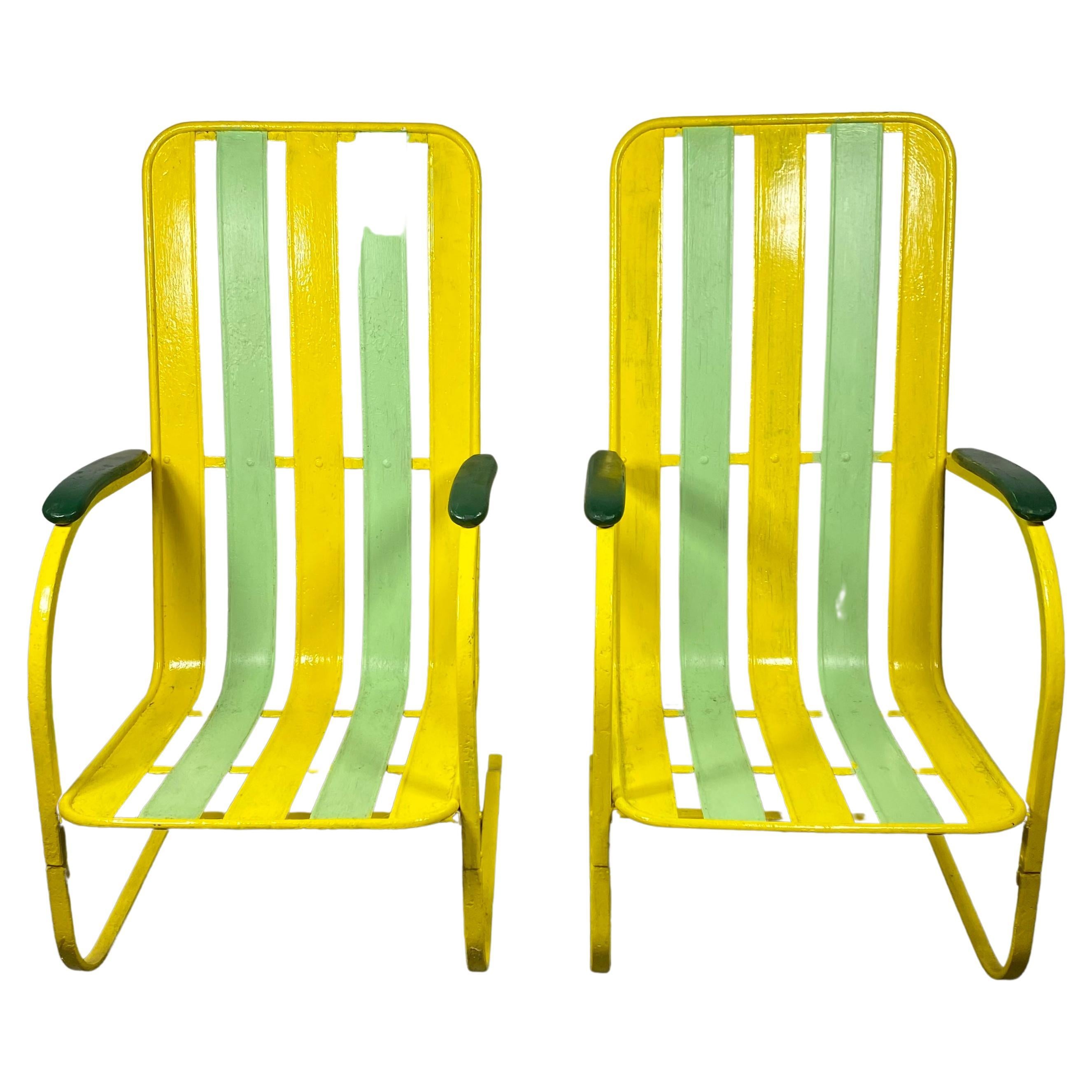 Classic Pair Art Deco High Back Slatted Spring Steel Lounge Chairs