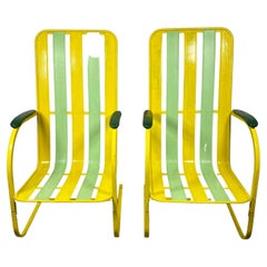 Classic Pair Art Deco High Back Slatted Spring Steel Lounge Chairs