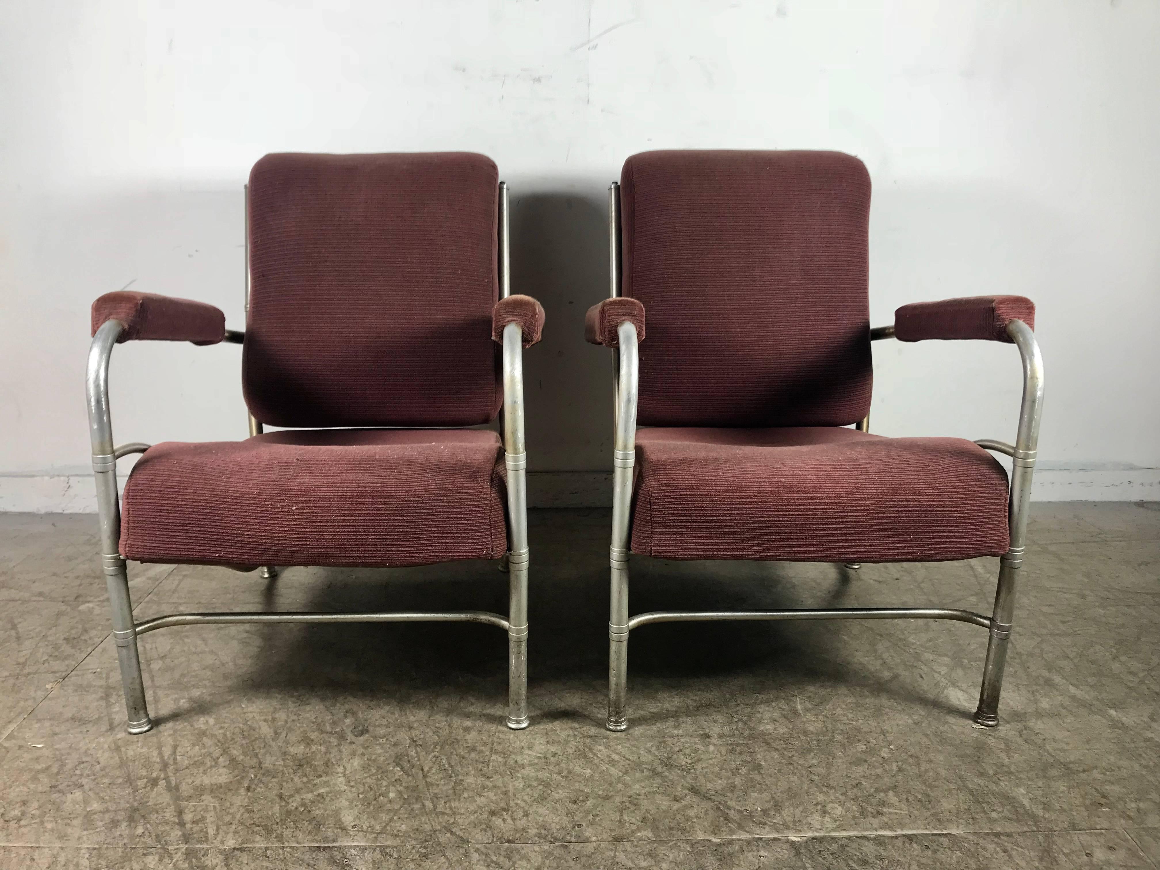 Matched pair of Art Deco. Machine Age aluminium lounge chairs by Warren McArthur, original unmolested condition, retains original cut mohair fabric upholstery as well as McArthur labels. Hand delivery avail to New York City or anywhere en route from