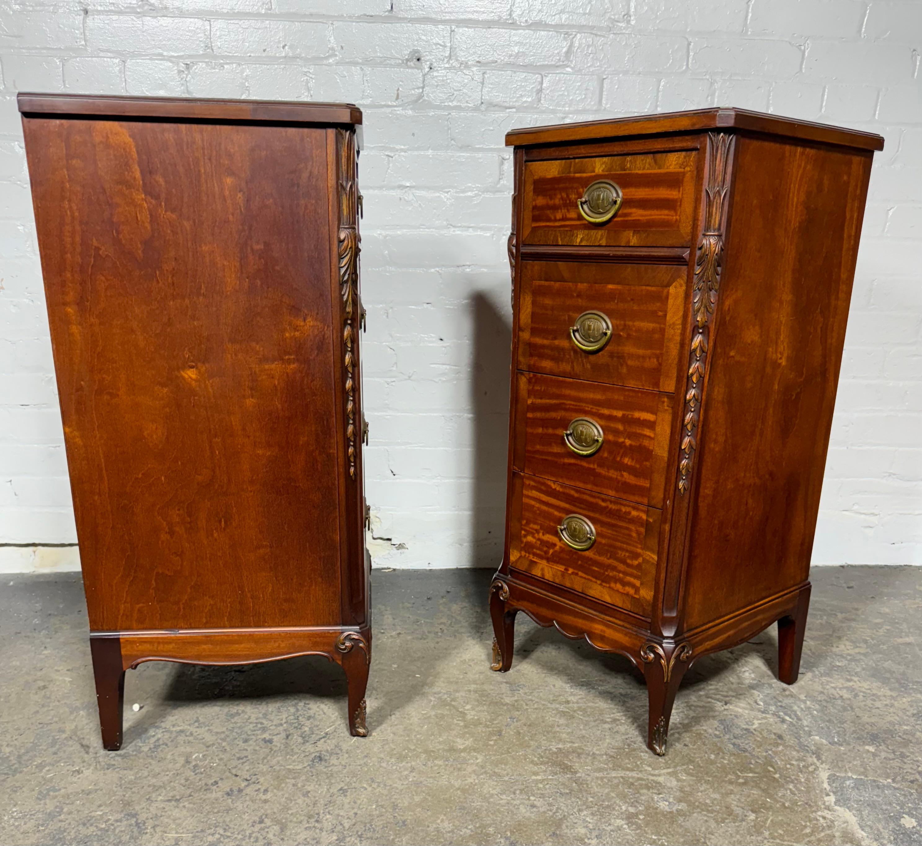 Magnificent Pair French nightstands Louis XIV Style . Finely crafted featuring dovetail joinery.  ribbon mahogany..wonderful hardware and ornamental bronze adornments that are oh so French. Superior quality and construction,, These nightstands will