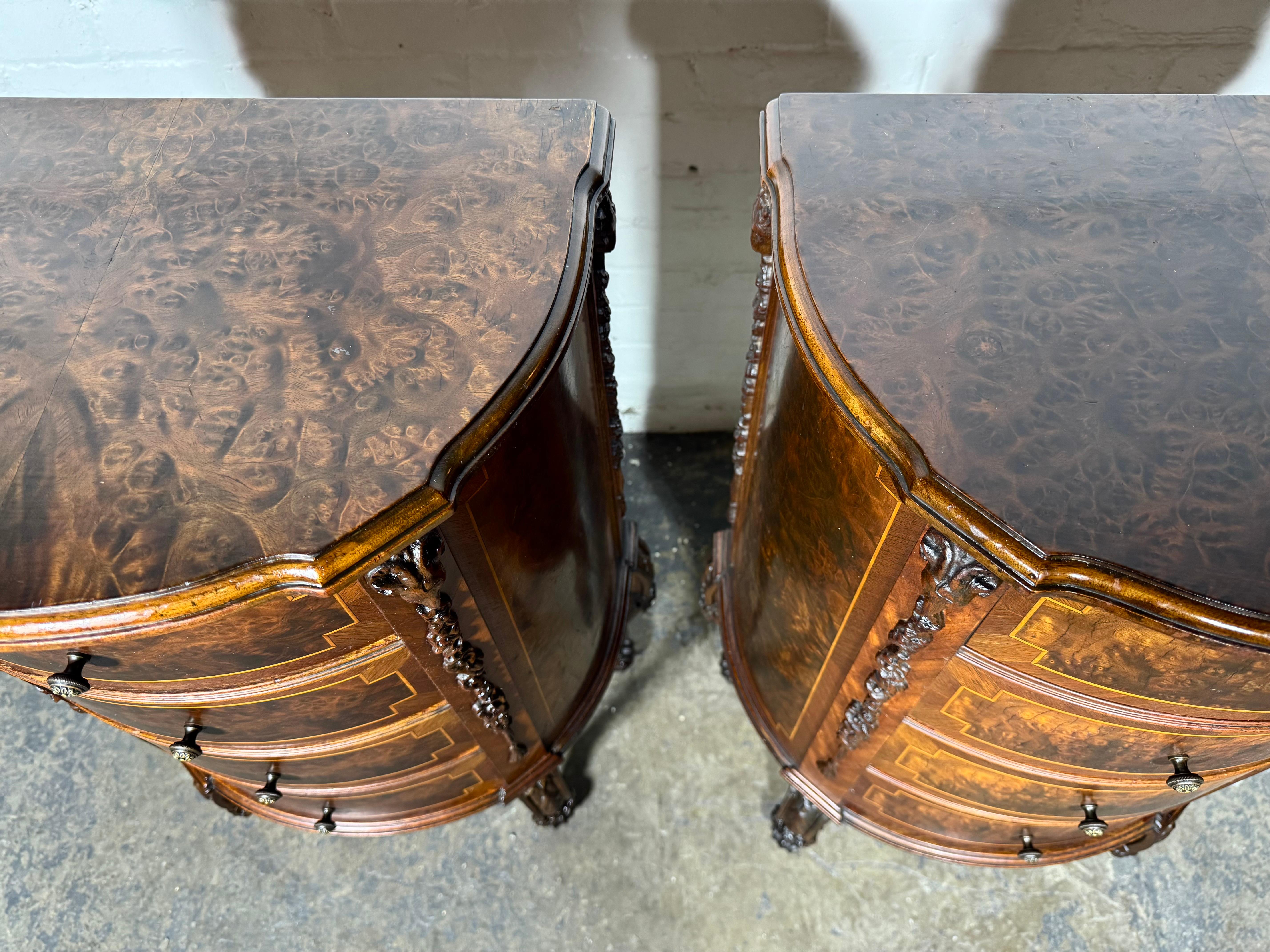 Classic pair French 4-Drawer Night Stands, burl wood, carved / Louis XV For Sale 6