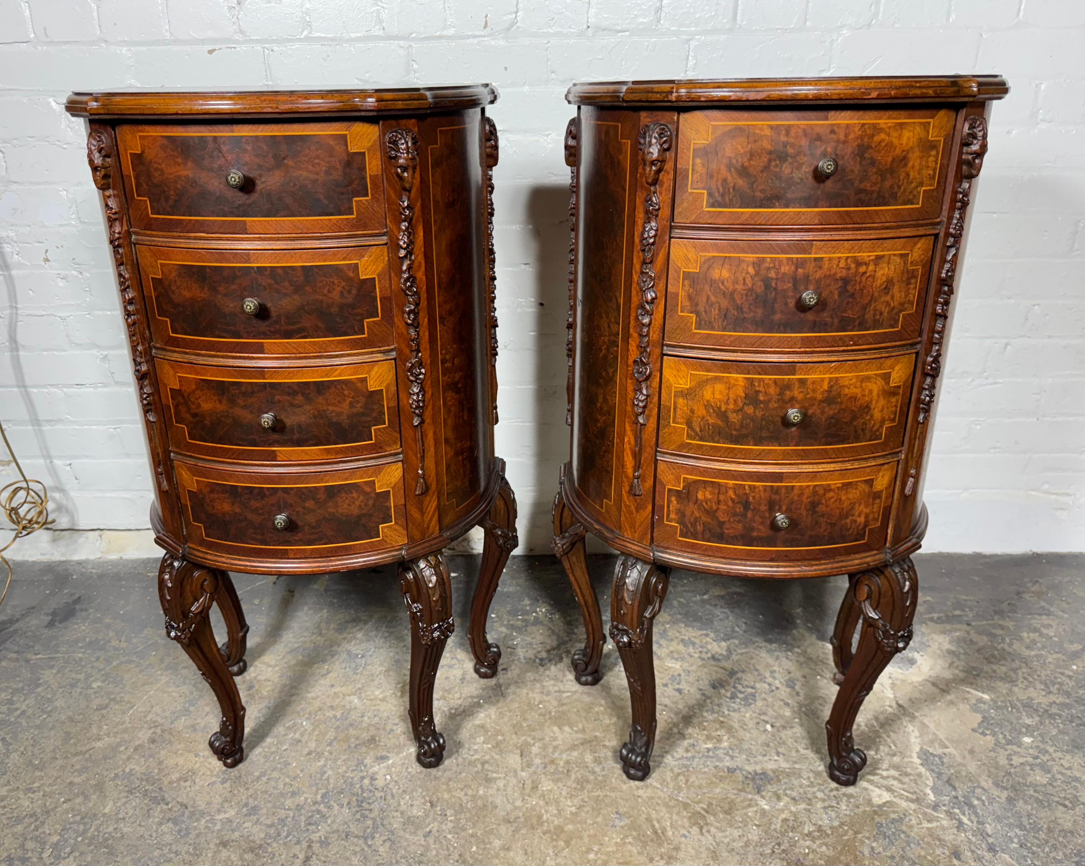 Classic pair French 4-Drawer Night Stands, burl wood, carved / Louis XV For Sale 7