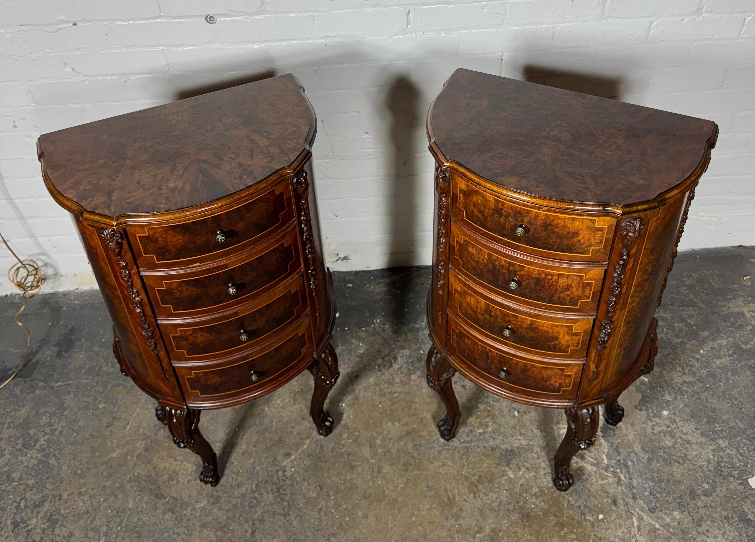 Classic pair French 4-Drawer Night Stands, burl wood, carved / Louis XV For Sale 8