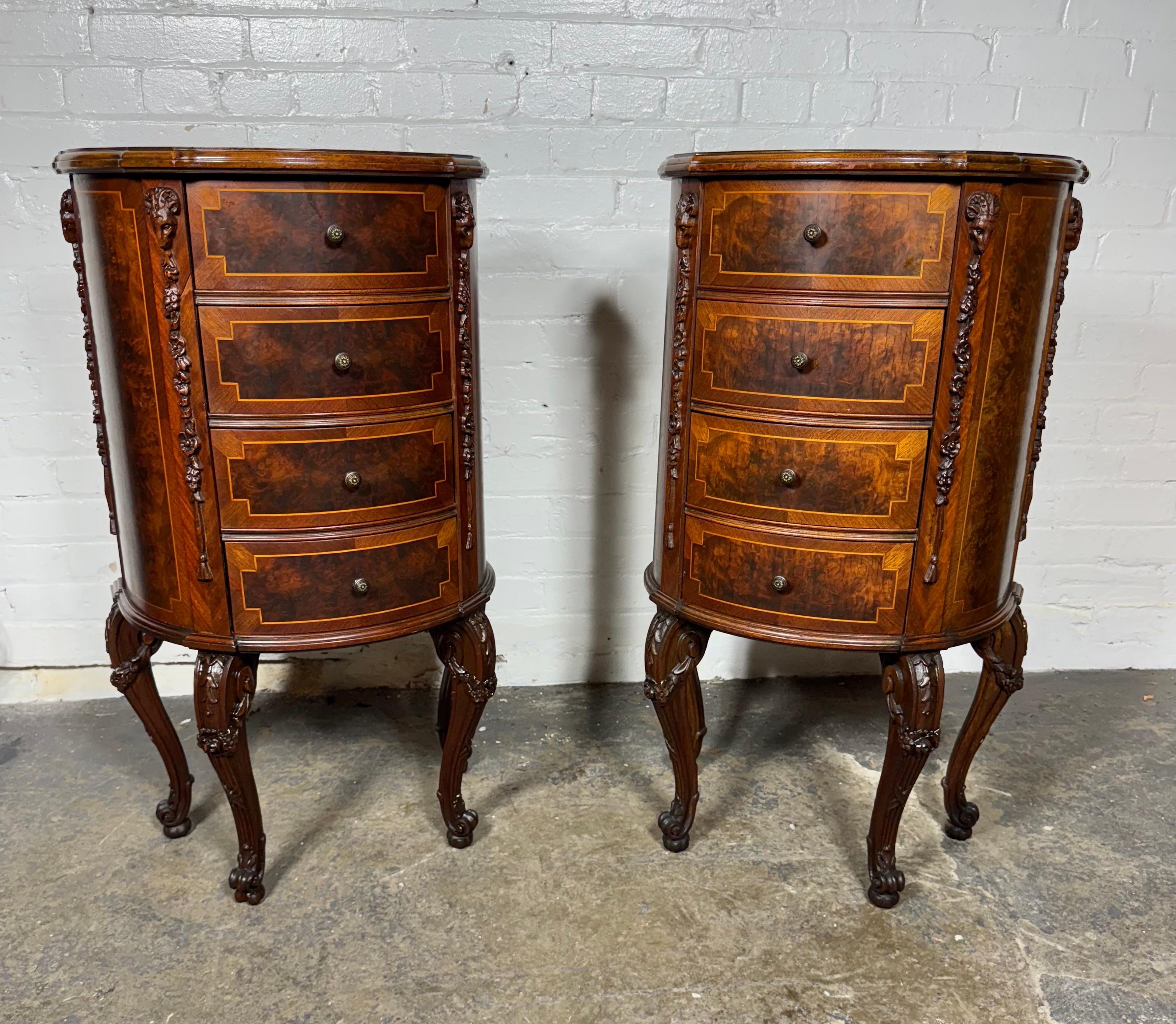 Classic pair French 4-Drawer Night Stands, burl wood, carved / Louis XV For Sale 9